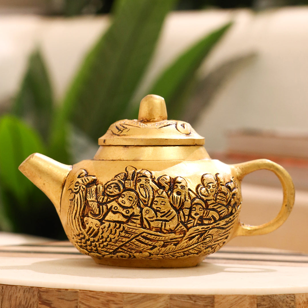 Handcrafted Brass Tea Kettle with Engraved Village Scene – Decorative Antique Patina