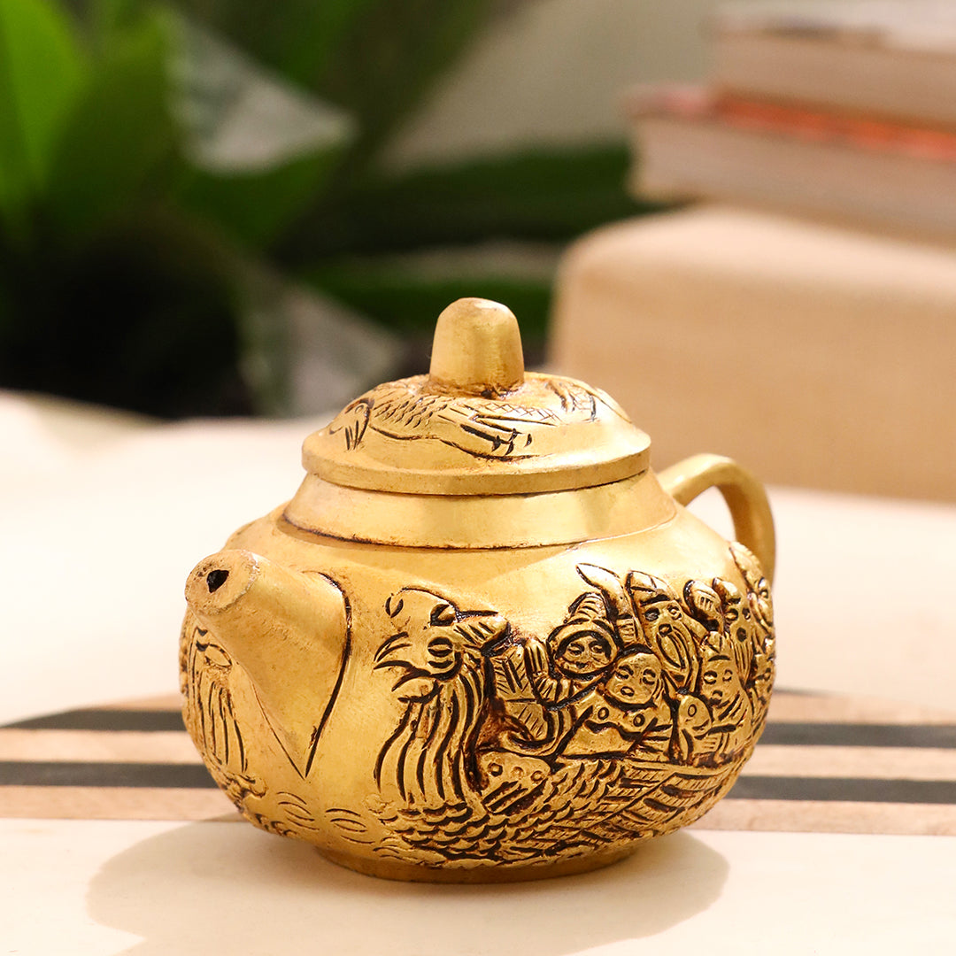 Handcrafted Brass Tea Kettle with Engraved Village Scene – Decorative Antique Patina