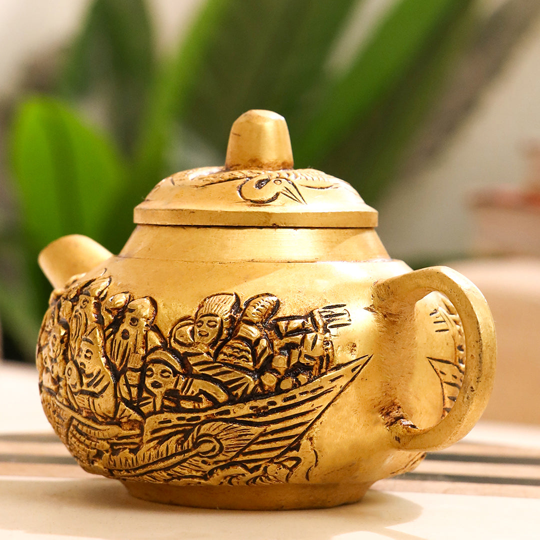 Handcrafted Brass Tea Kettle with Engraved Village Scene – Decorative Antique Patina