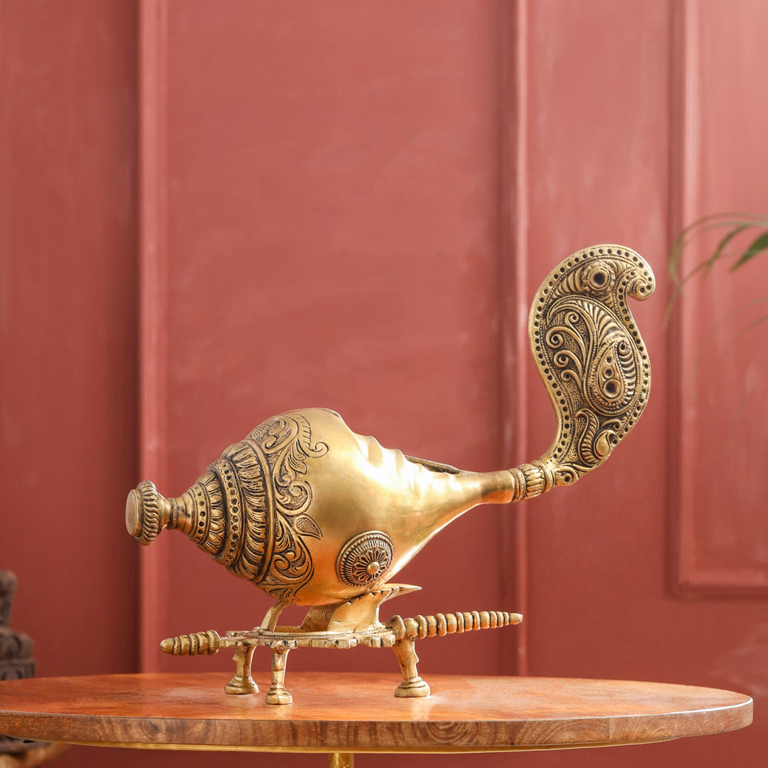 Brass Conch / Shankh with Intricate Stand (13 Inch)