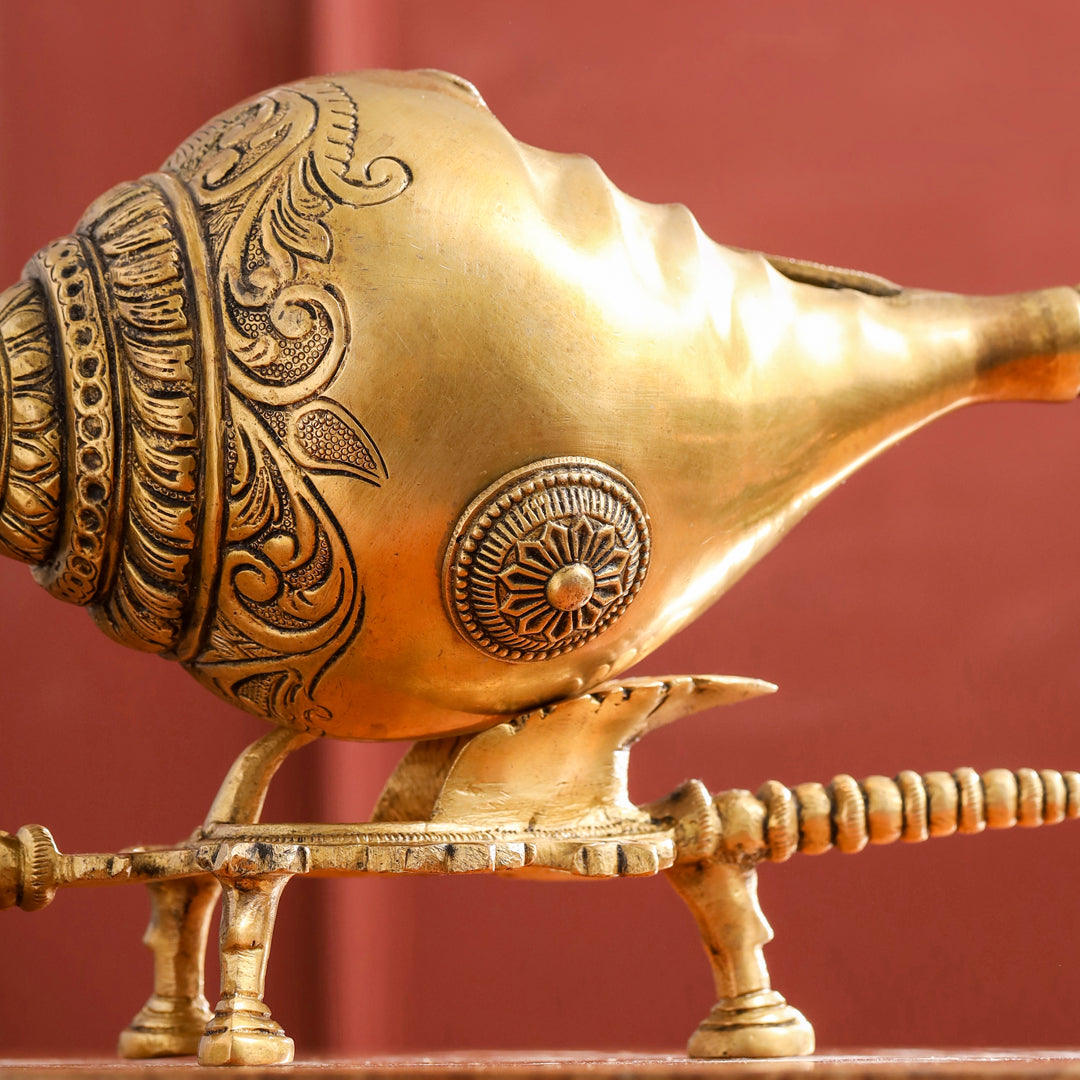Brass Conch / Shankh with Intricate Stand (13 Inch)