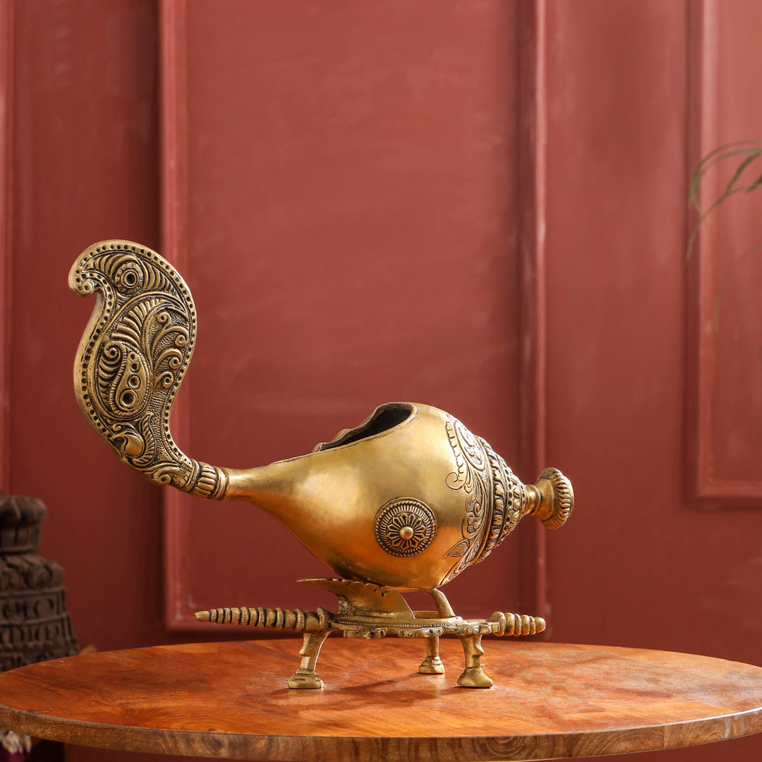 Brass Conch / Shankh with Intricate Stand (13 Inch)