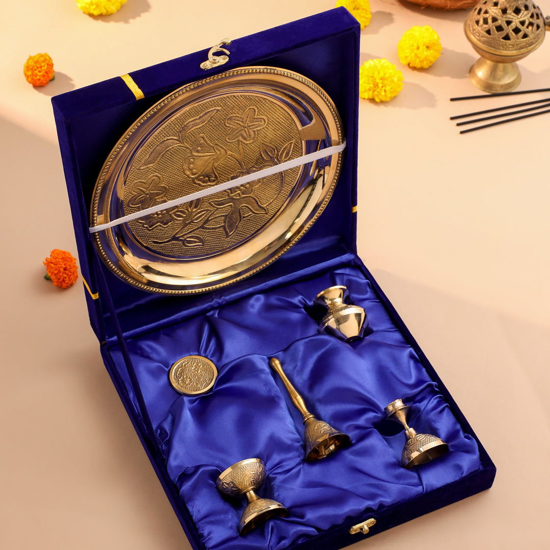 Brass Designer Pooja Thali Set With Velvet box