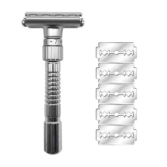 Adjustable Safety Razor for Men – Double Edge Classic Shaver (1–6 Settings) with 5 Blades | Stainless Steel Zinc Alloy