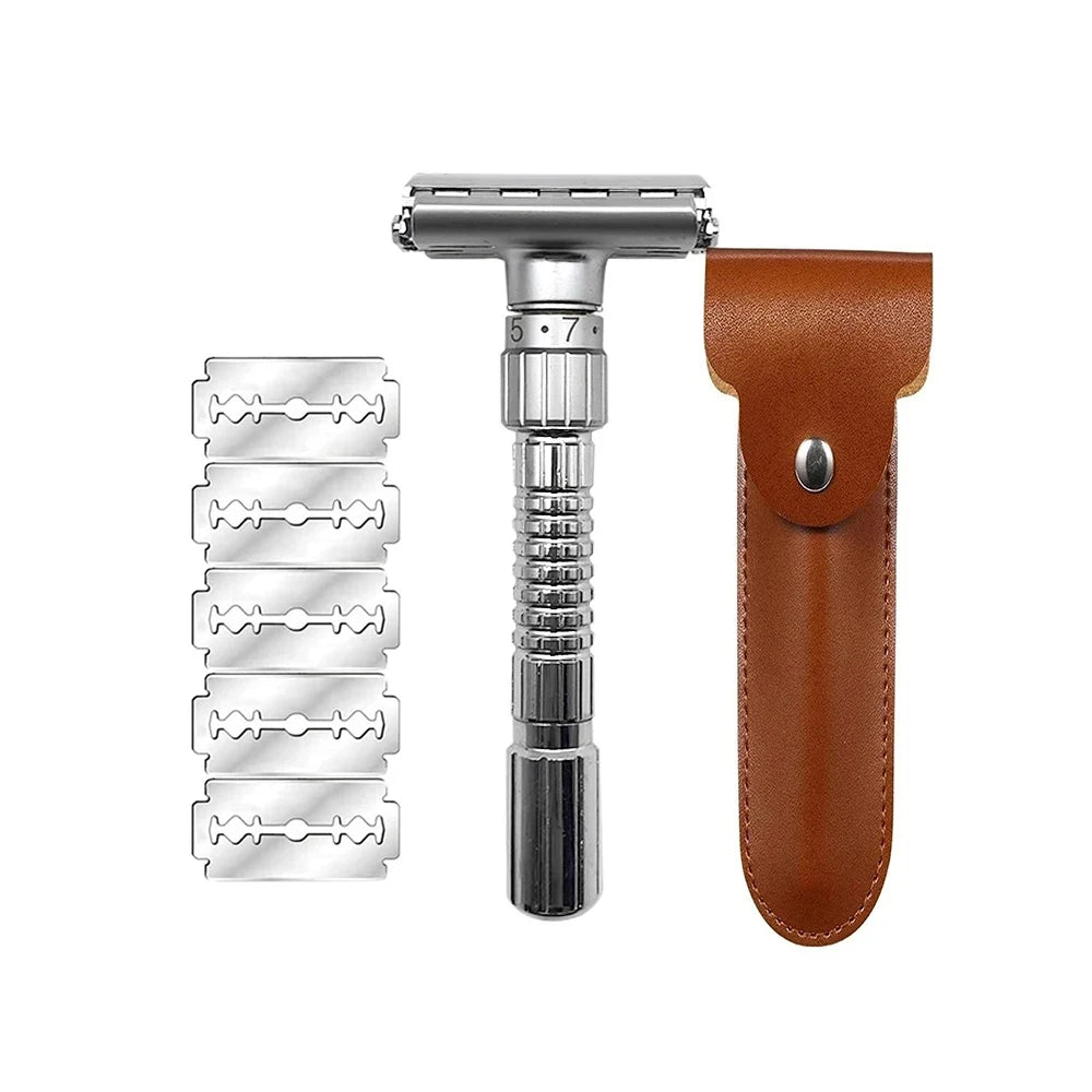 Adjustable Safety Razor for Men – Double Edge Classic Shaver (1–6 Settings) with 5 Blades | Stainless Steel Zinc Alloy