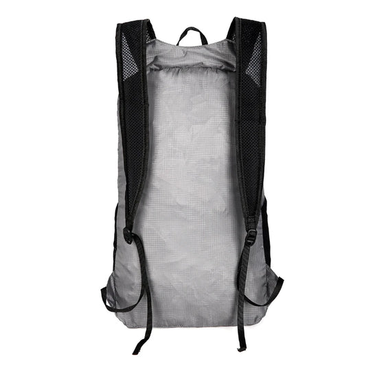Gray backpack with black straps on a white background