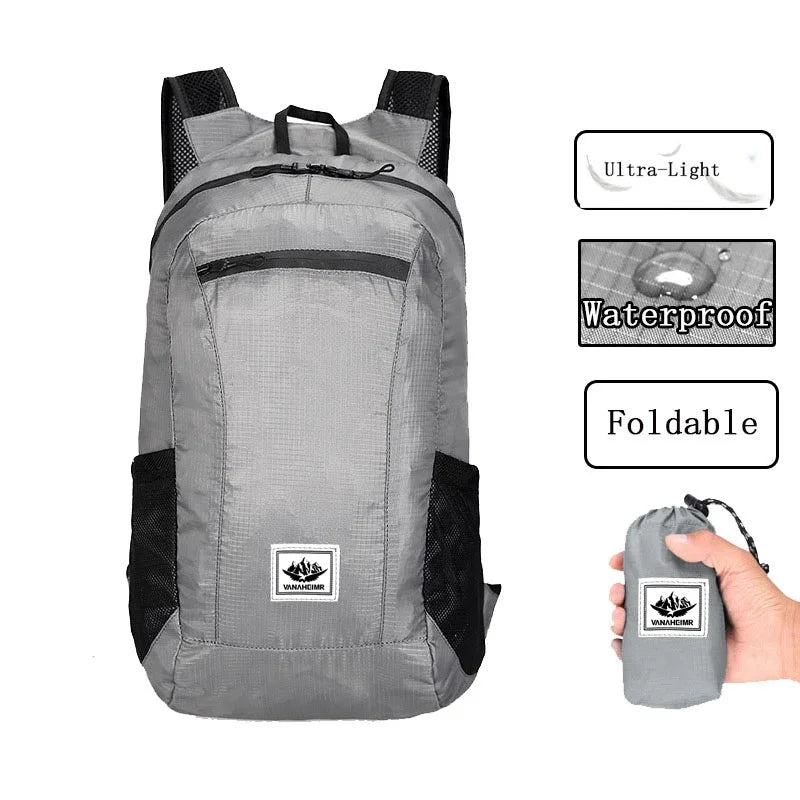 Gray backpack with black accents, labeled as ultra-light, waterproof, and foldable, on a white background.