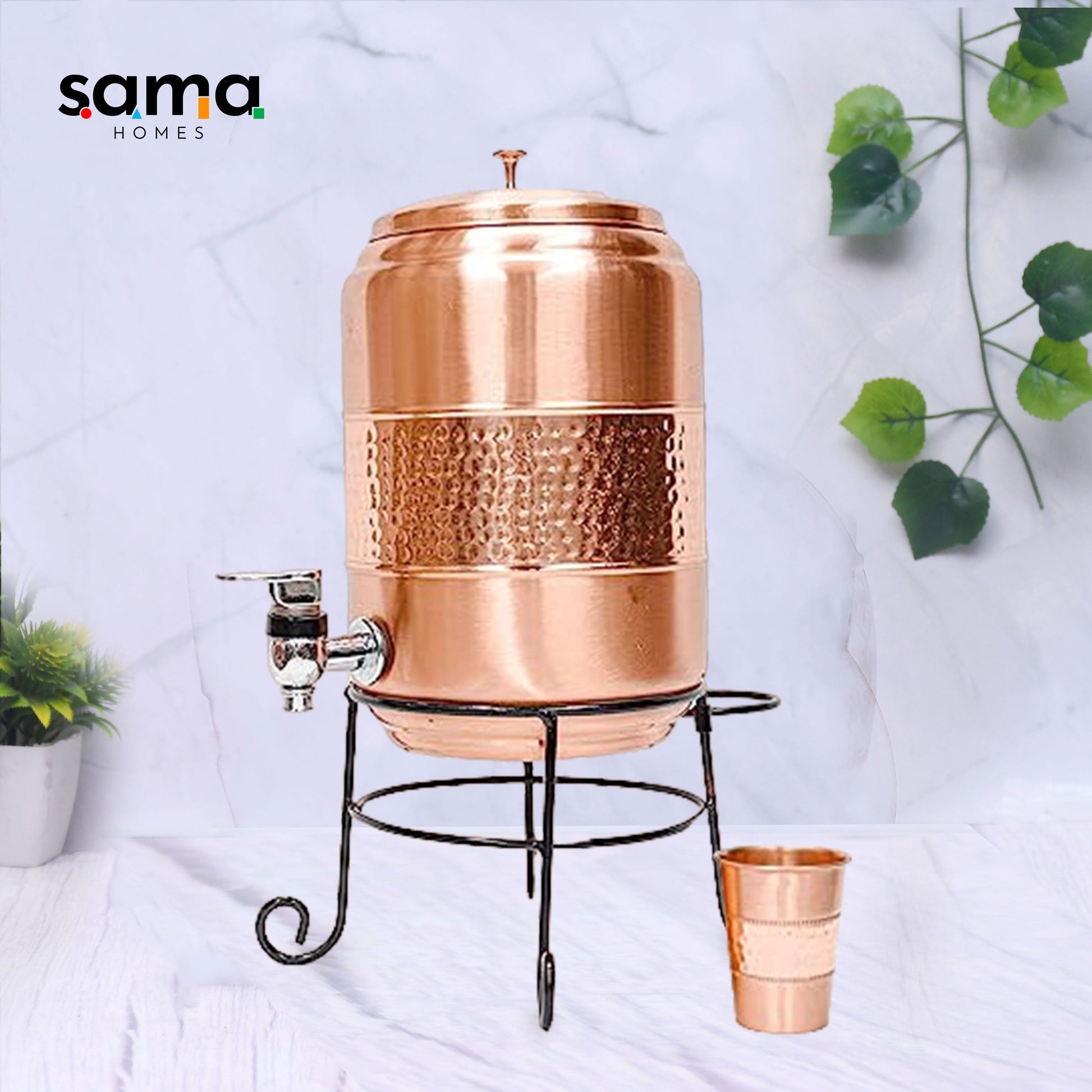 SAMA Homes - pure copper half hammered water dispenser with glass and stand matka combo 5000ml