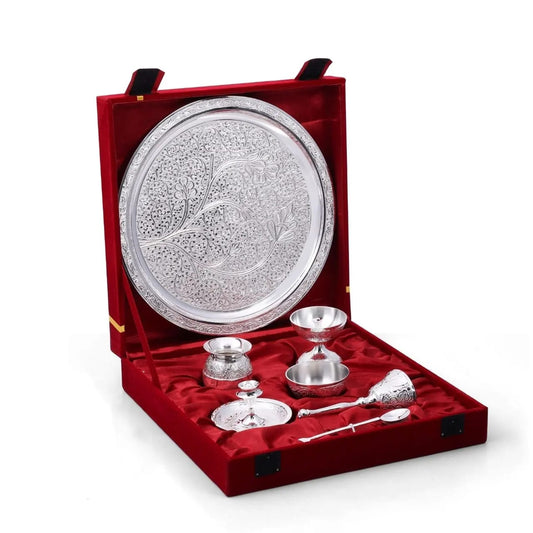 Exclusive Brass Pooja Thali Set With Silver Plated 7 Pcs Set With Gift Box Pack