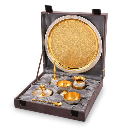 High Quality Brass Pooja Thali Set In Silver and Gold Color 7 Pcs Set With Gift Box Pack
