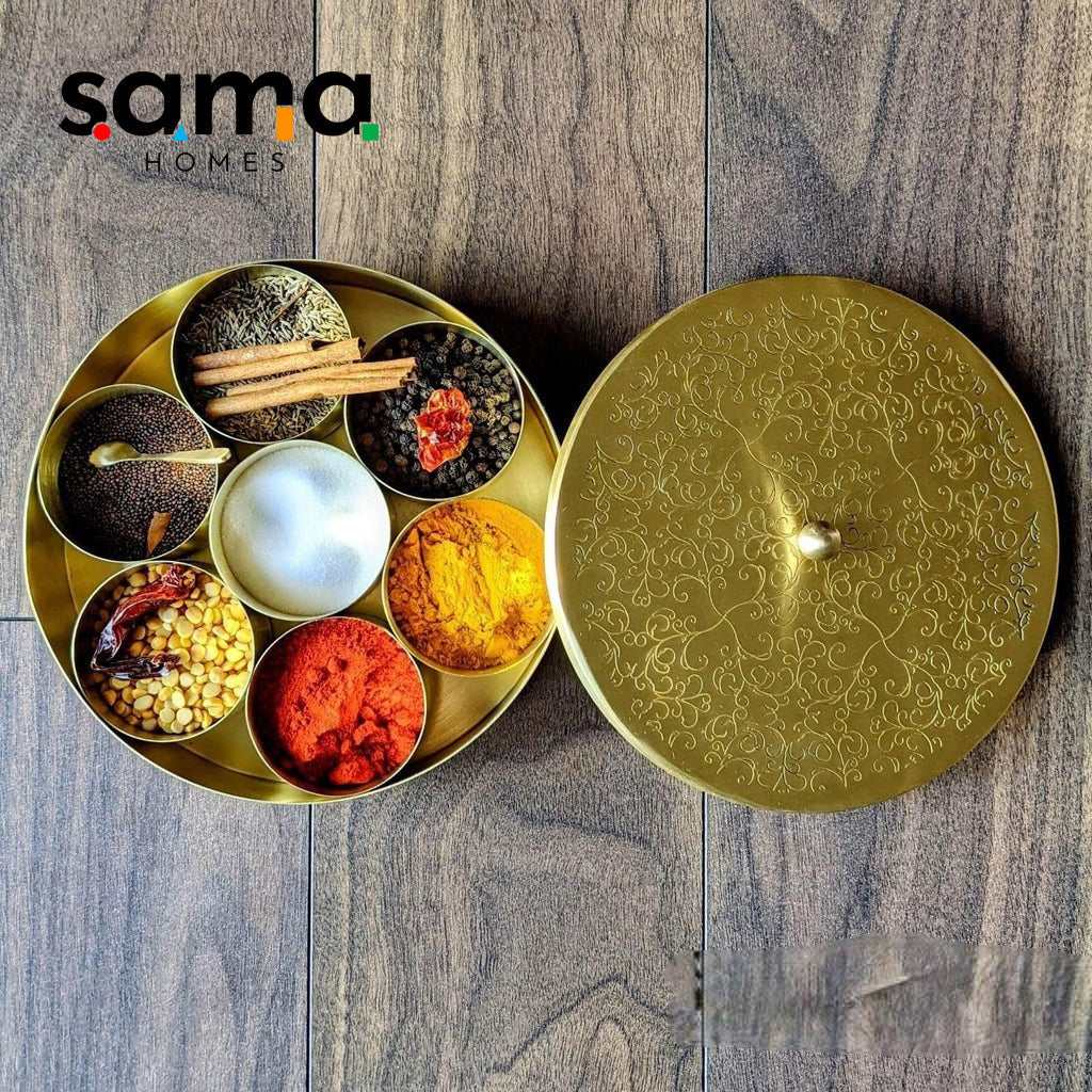 SAMA Homes - handcrafted brass masala box set for kitchen with spoon 7 containers 40 ml 7