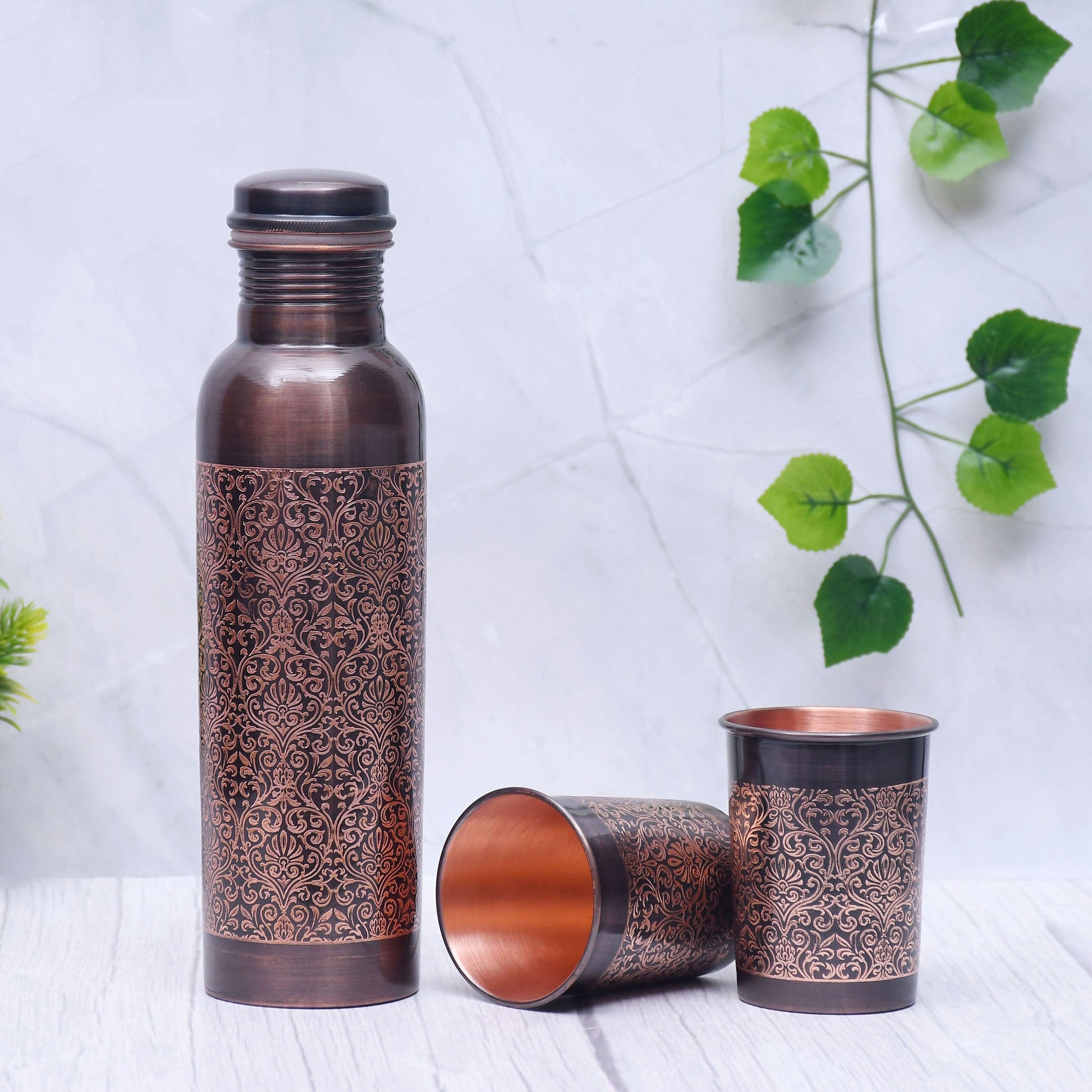 SAMA Homes - pure copper water bottle with 2 glasses black antique engraving design capacity 1000ml