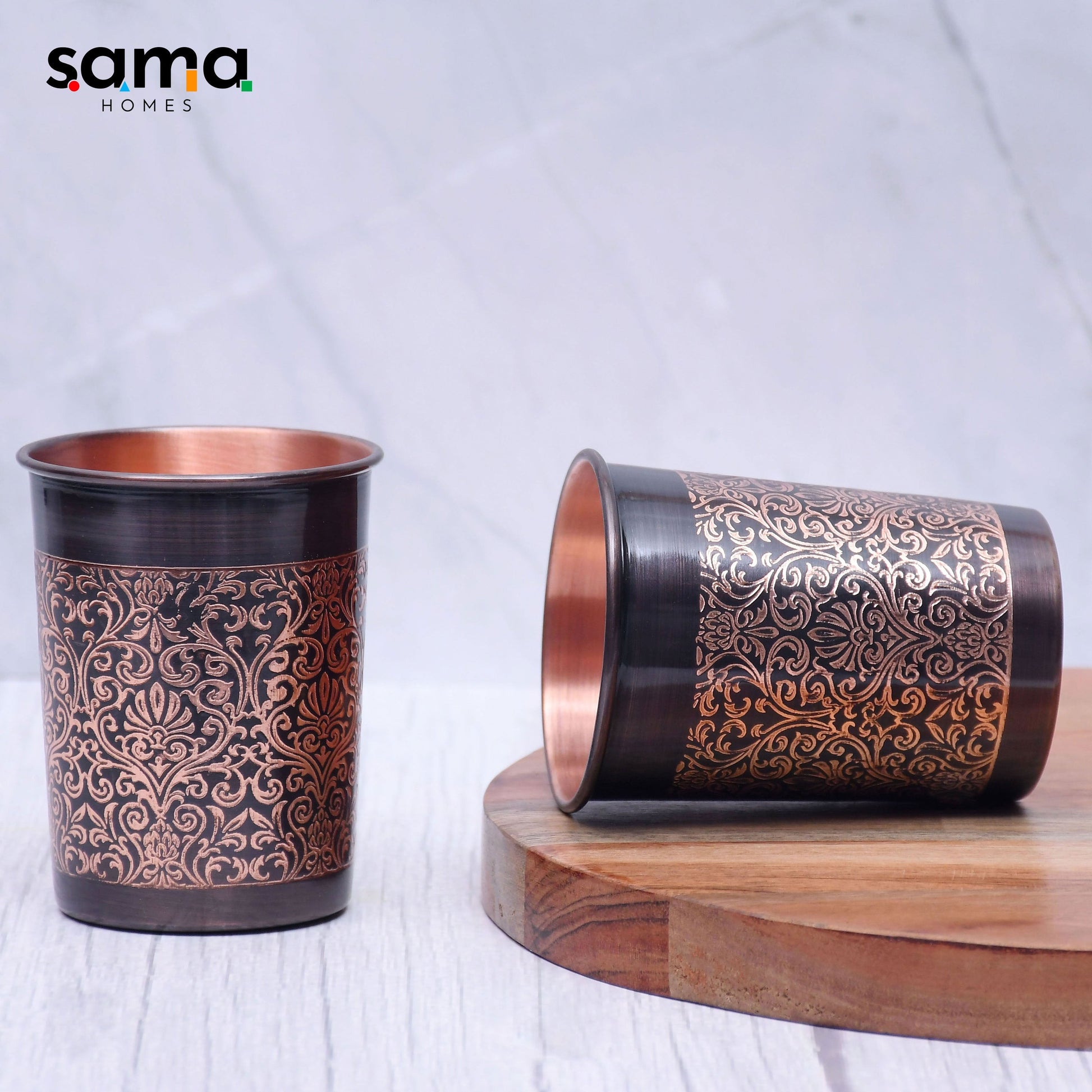 SAMA Homes - pure copper water bottle with 2 glasses black antique engraving design capacity 1000ml