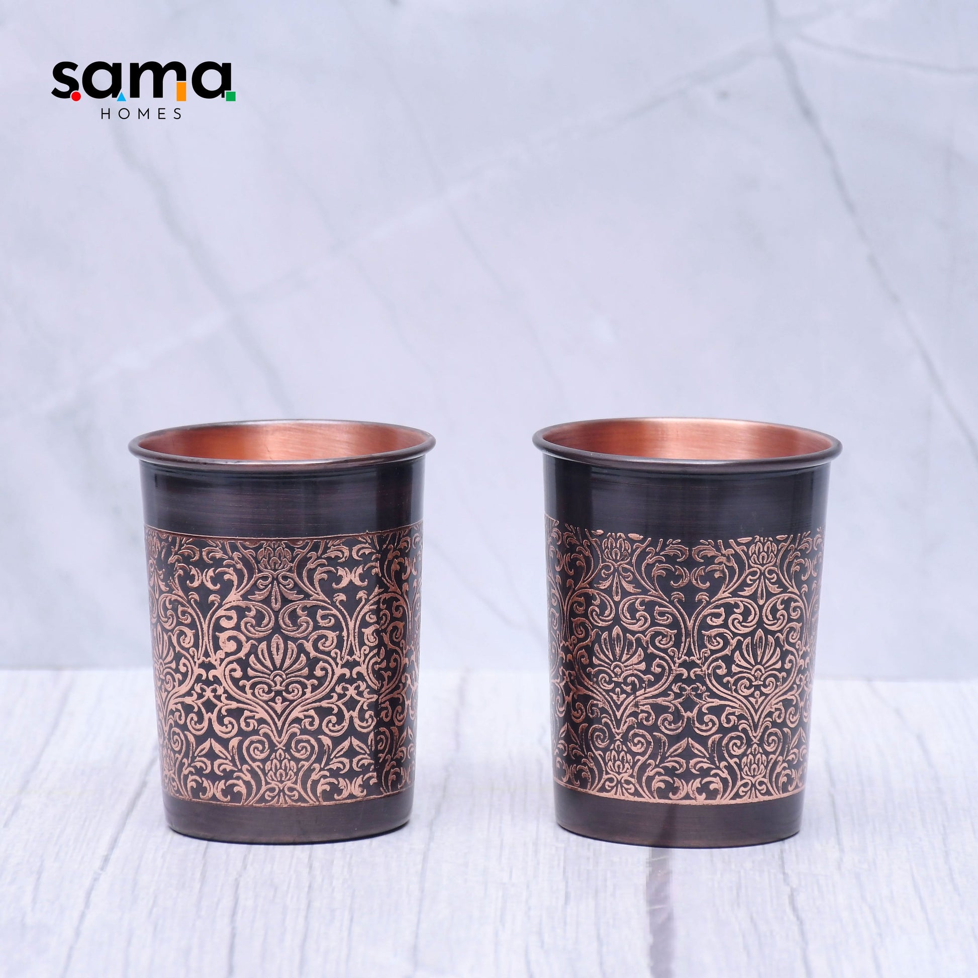 SAMA Homes - pure copper water bottle with 2 glasses black antique engraving design capacity 1000ml