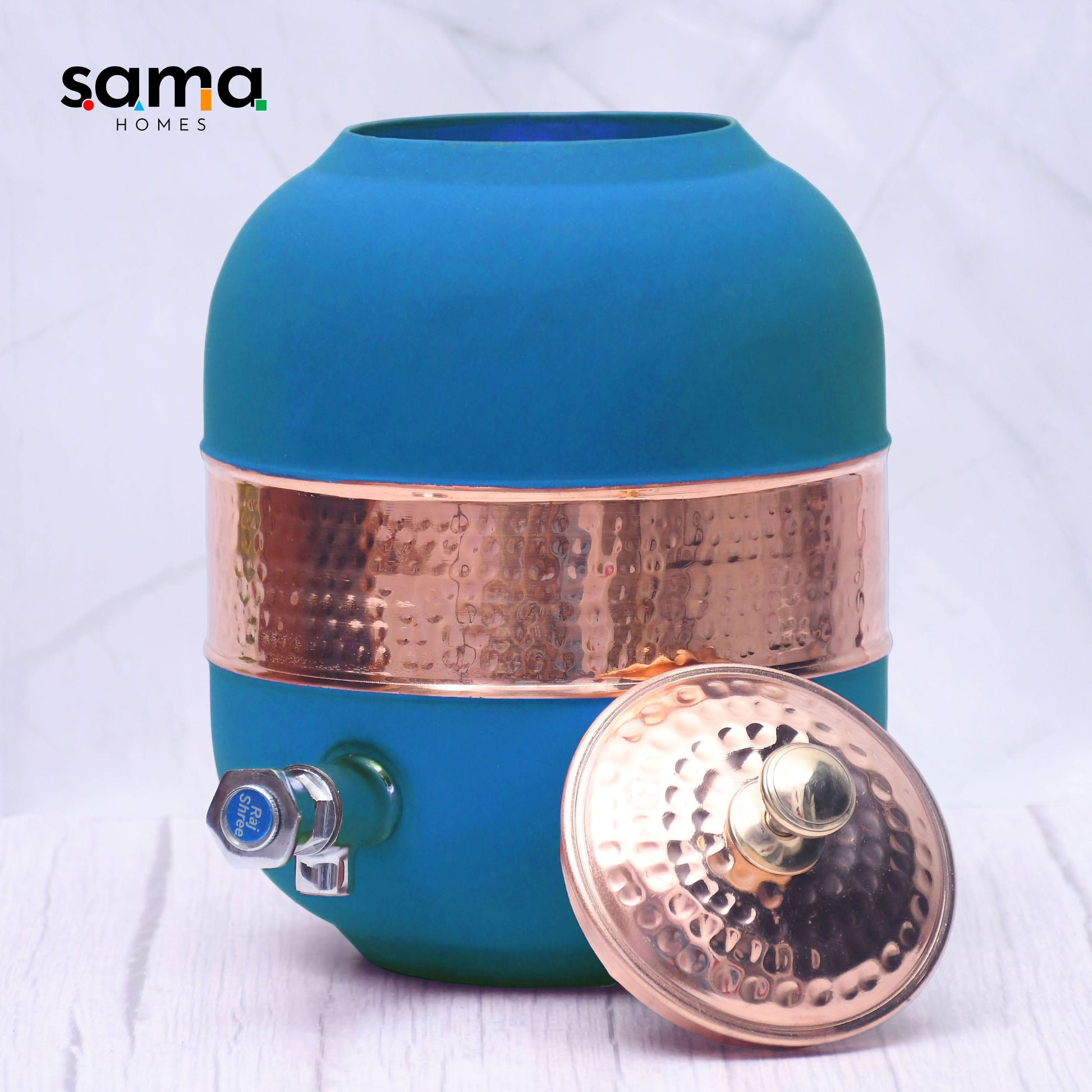 SAMA Homes - pure copper silk blue half hammered water dispenser matka capacity 5000ml