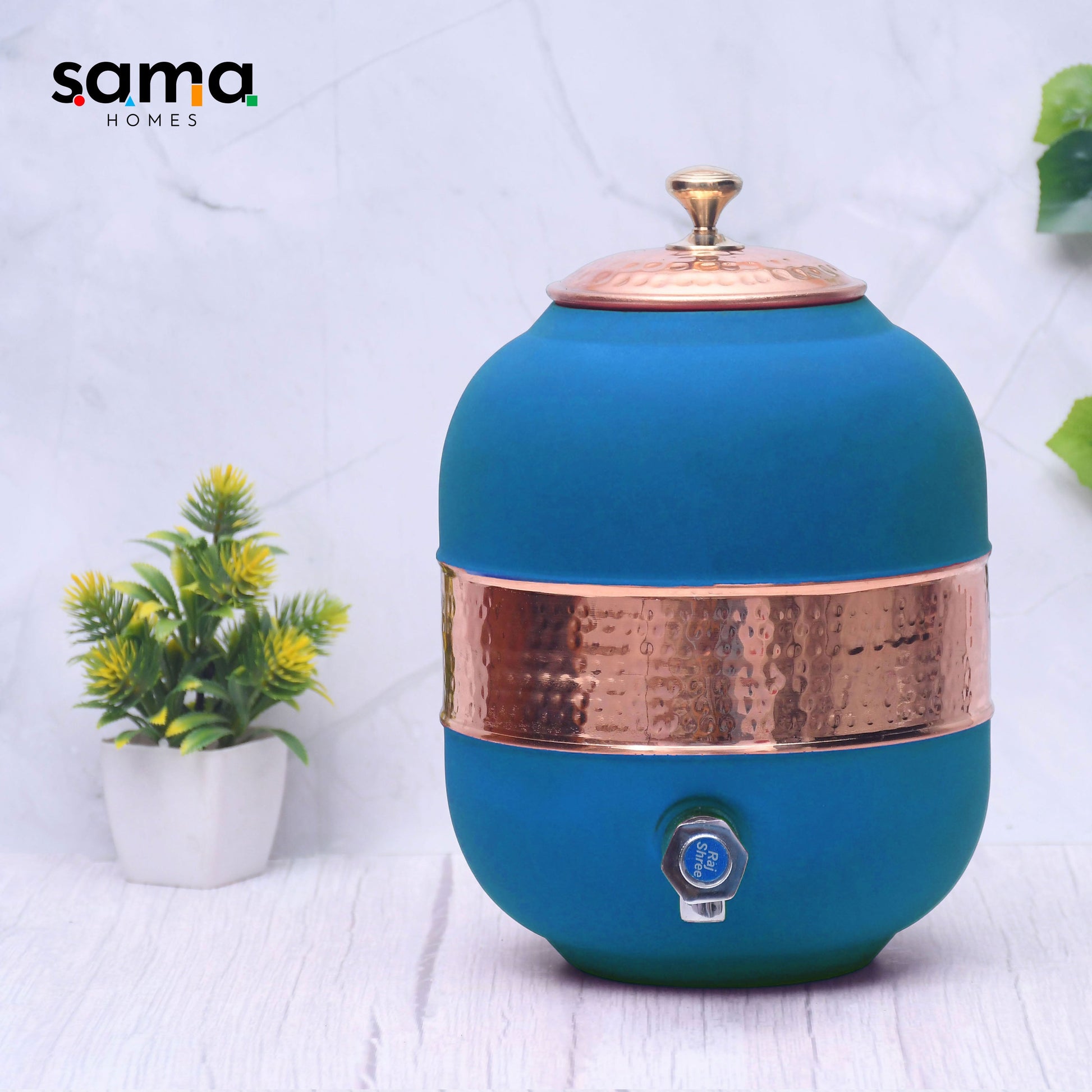 SAMA Homes - pure copper silk blue half hammered water dispenser matka capacity 5000ml