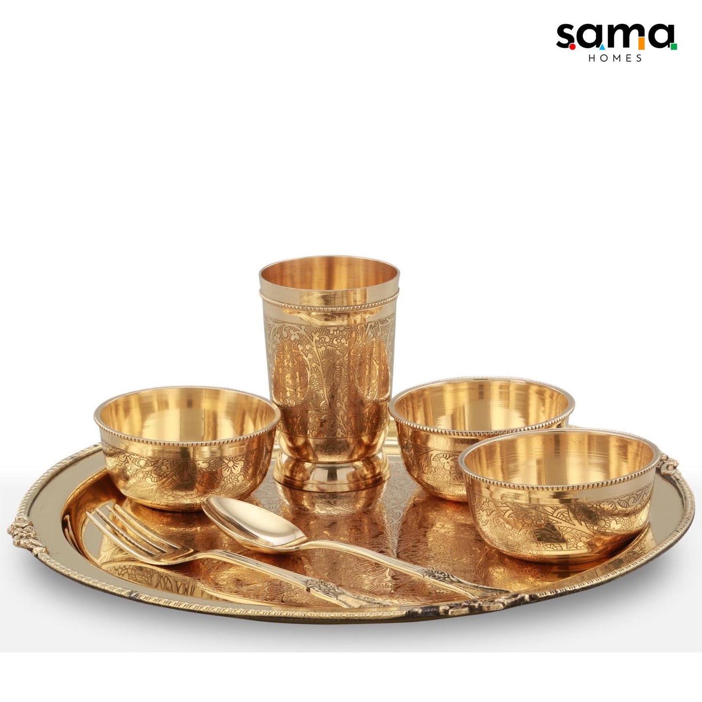 7-Piece Brass Etched Dinner Set | Handcrafted Traditional Tableware for Healthy Living | Eco-Friendly Dining Essentials