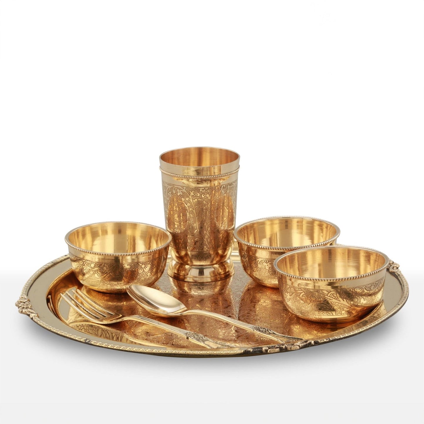 7-Piece Brass Etched Dinner Set | Handcrafted Traditional Tableware for Healthy Living | Eco-Friendly Dining Essentials