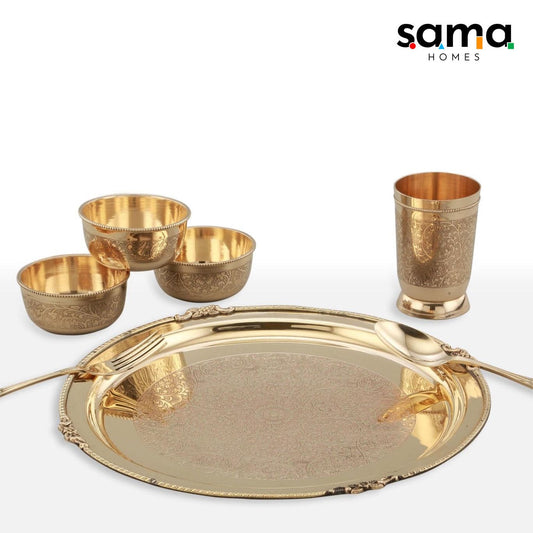 7-Piece Brass Etched Dinner Set | Handcrafted Traditional Tableware for Healthy Living | Eco-Friendly Dining Essentials