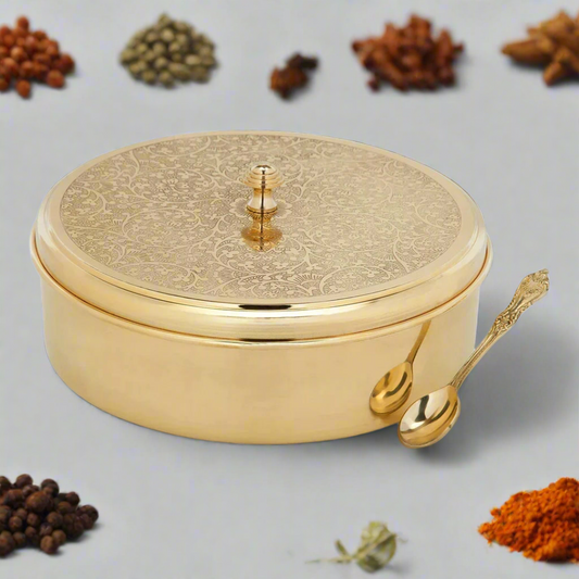 Handcrafted Antique Brass Masala Box Set for Kitchen with Spoon  (7 Containers, 40 ML) 9"