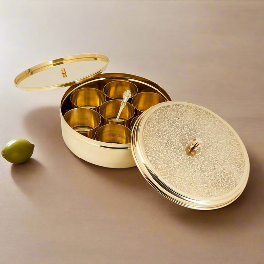 Sama Homes Beautiful Antique Brass Etched Spice Box/Masala box 9" with 7 detachable containers
