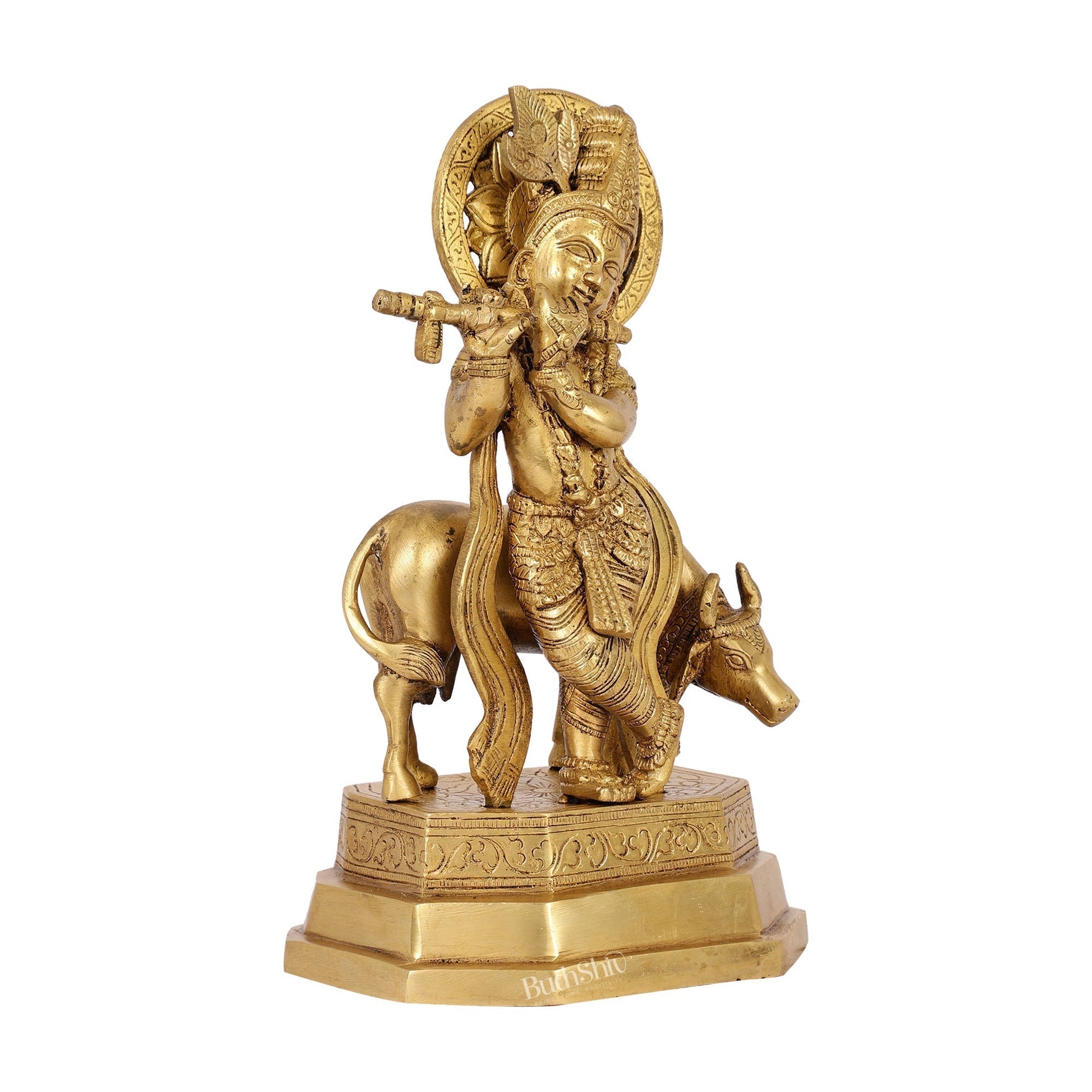 Sama Homes-krishna playing the flute with cow venugopal muralidhari brass idol with peacock feather on crown standing on a big platform 10 25 inches