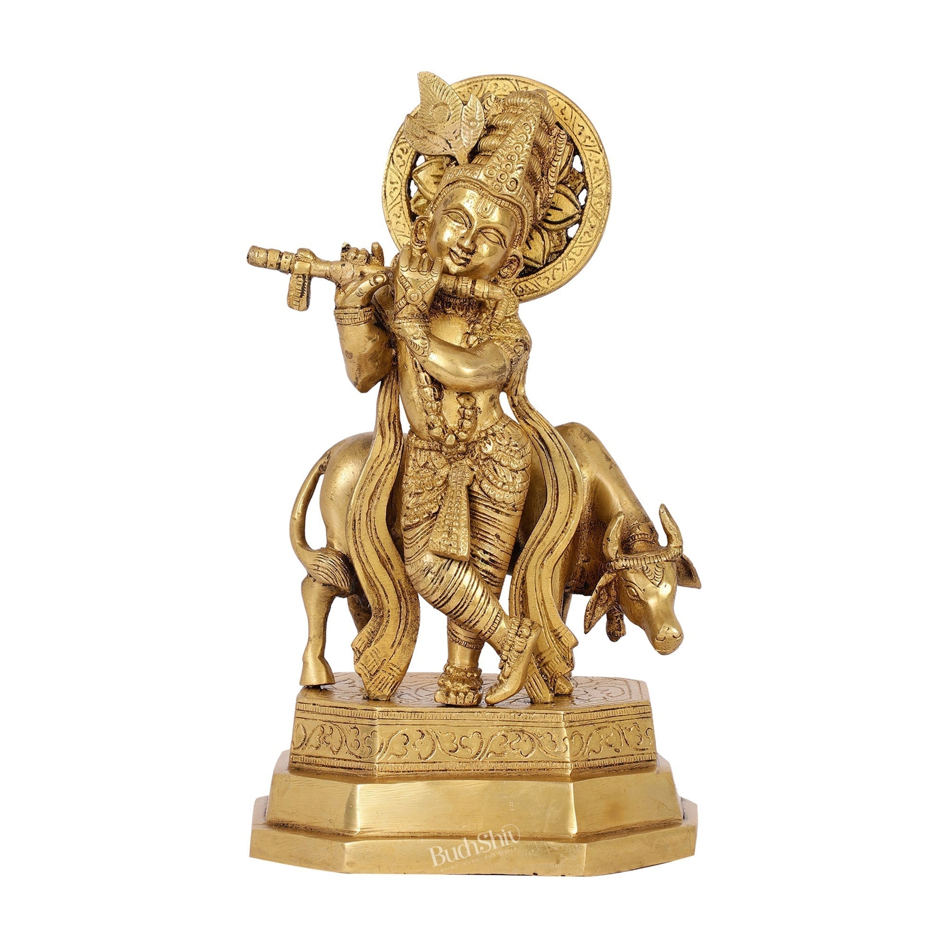 Sama Homes-krishna playing the flute with cow venugopal muralidhari brass idol with peacock feather on crown standing on a big platform 10 25 inches