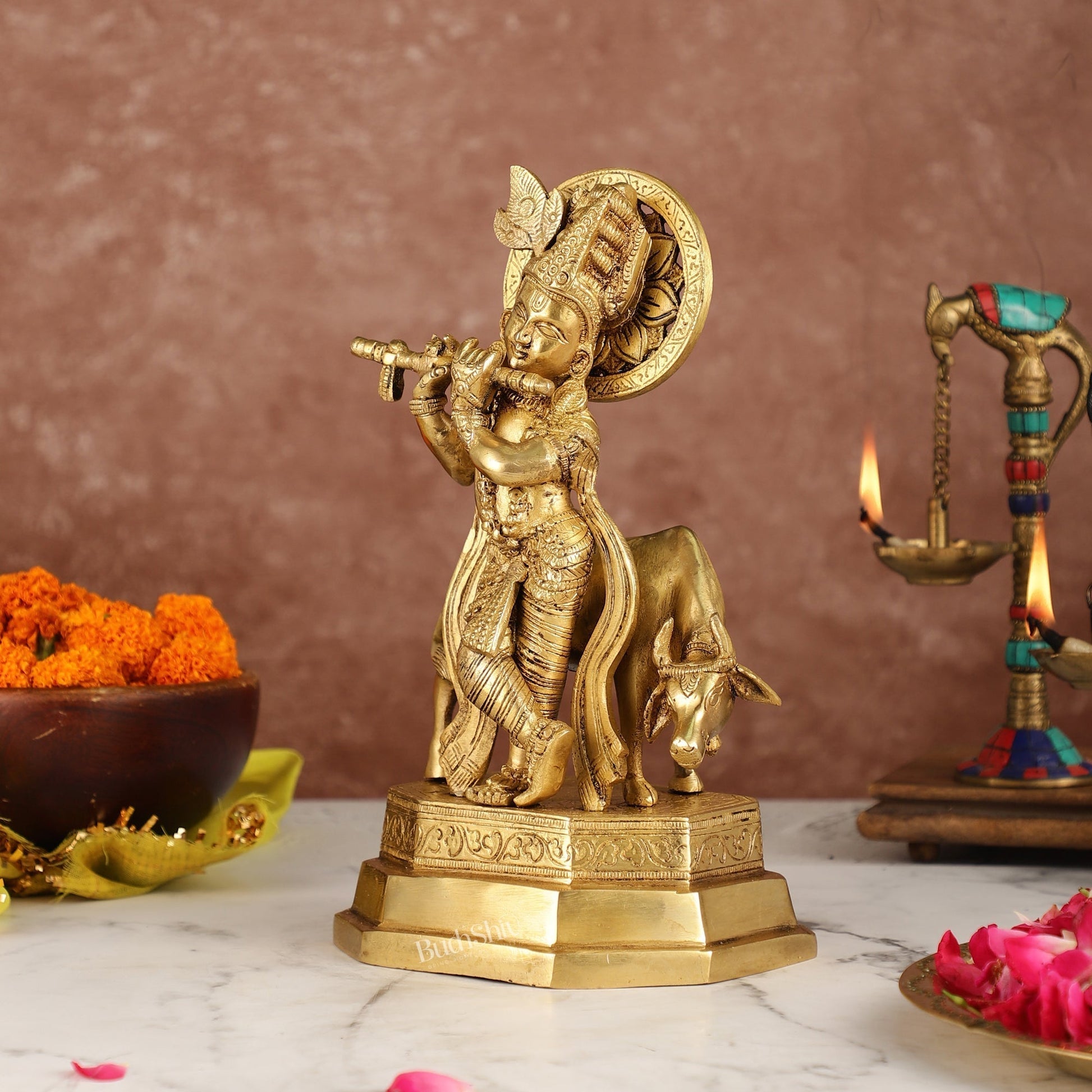 Sama Homes-krishna playing the flute with cow venugopal muralidhari brass idol with peacock feather on crown standing on a big platform 10 25 inches