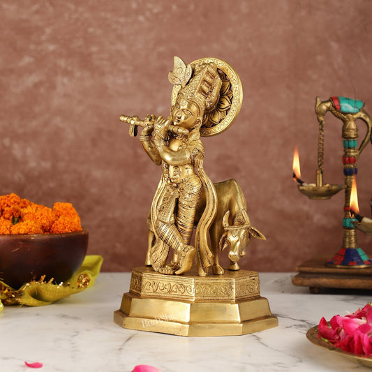 Sama Homes-krishna playing the flute with cow venugopal muralidhari brass idol with peacock feather on crown standing on a big platform 10 25 inches