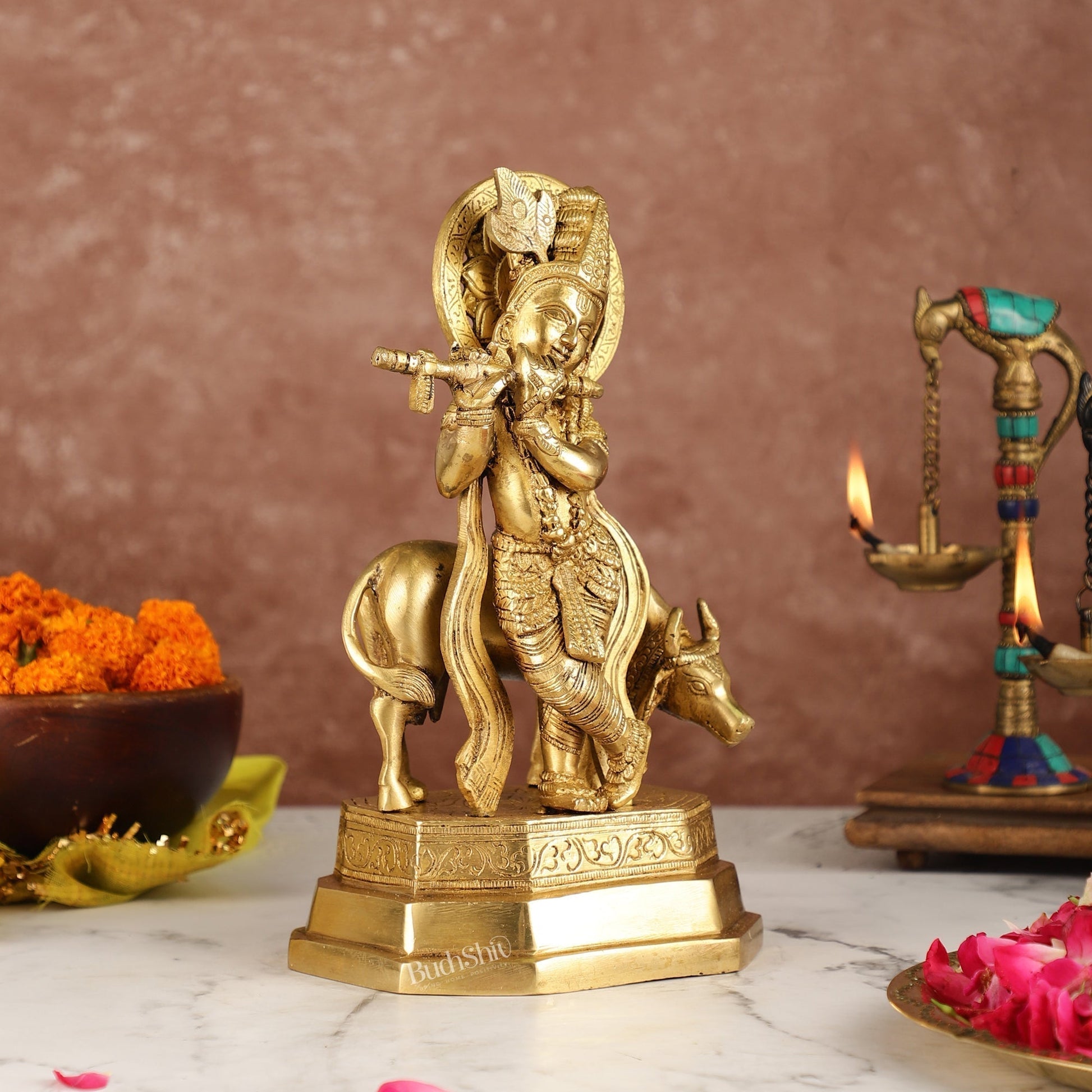 Sama Homes-krishna playing the flute with cow venugopal muralidhari brass idol with peacock feather on crown standing on a big platform 10 25 inches