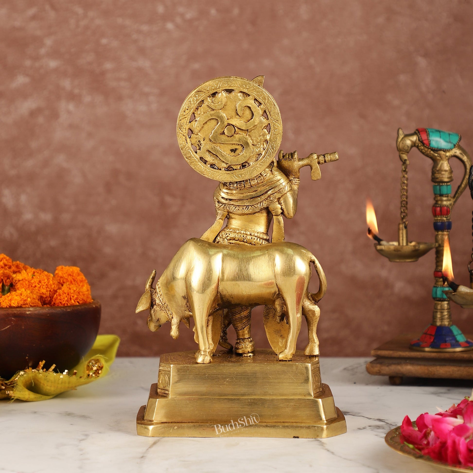 Sama Homes-krishna playing the flute with cow venugopal muralidhari brass idol with peacock feather on crown standing on a big platform 10 25 inches