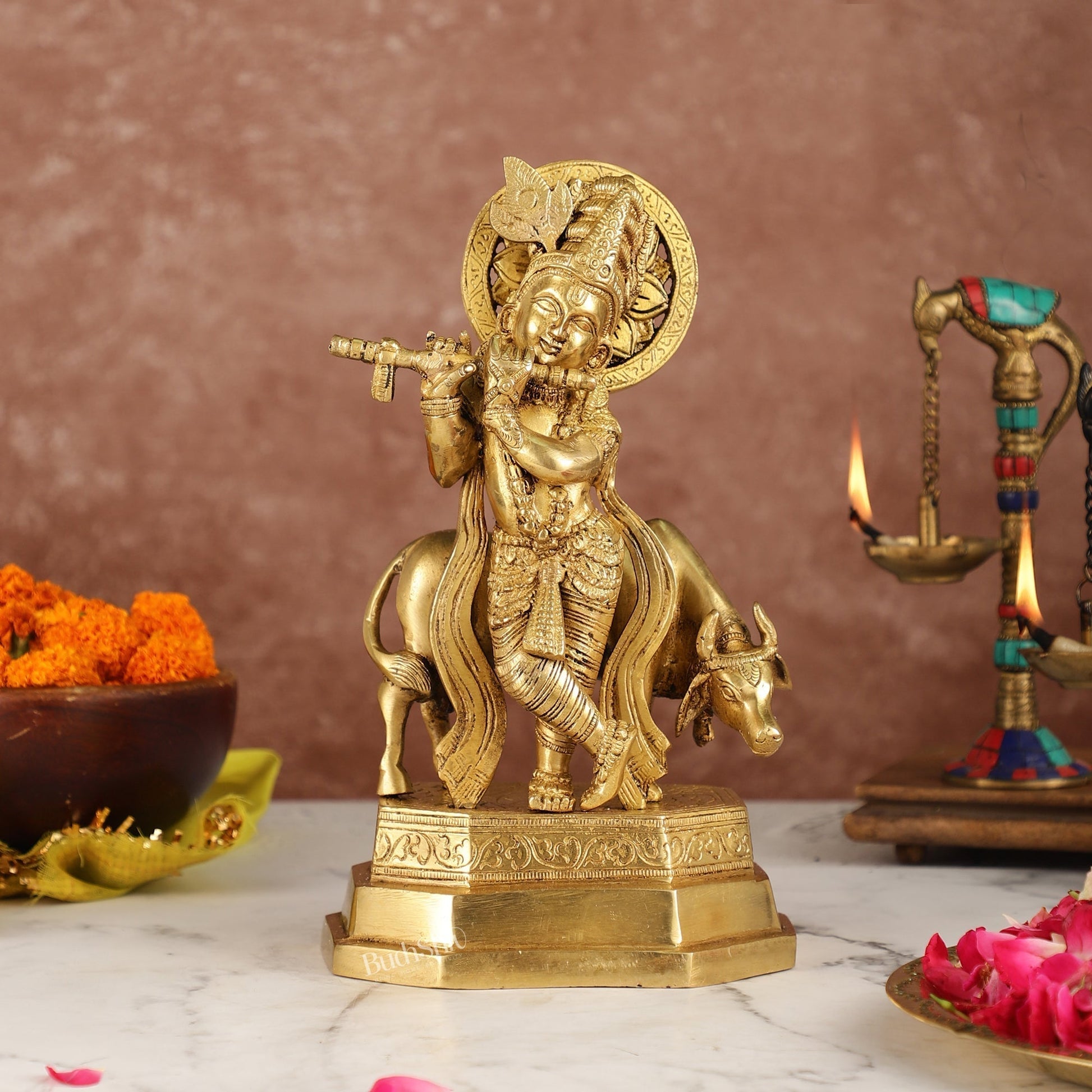 Sama Homes-krishna playing the flute with cow venugopal muralidhari brass idol with peacock feather on crown standing on a big platform 10 25 inches