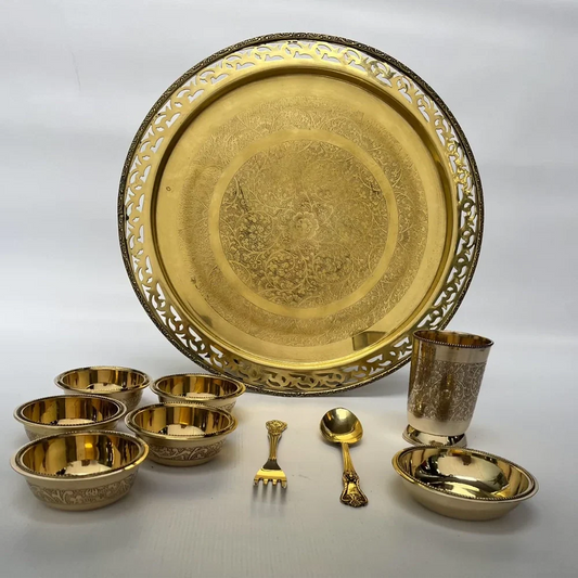 Brass Jali Dinner Set | Traditional Pital Tableware | Handcrafted Indian Dinner Set
