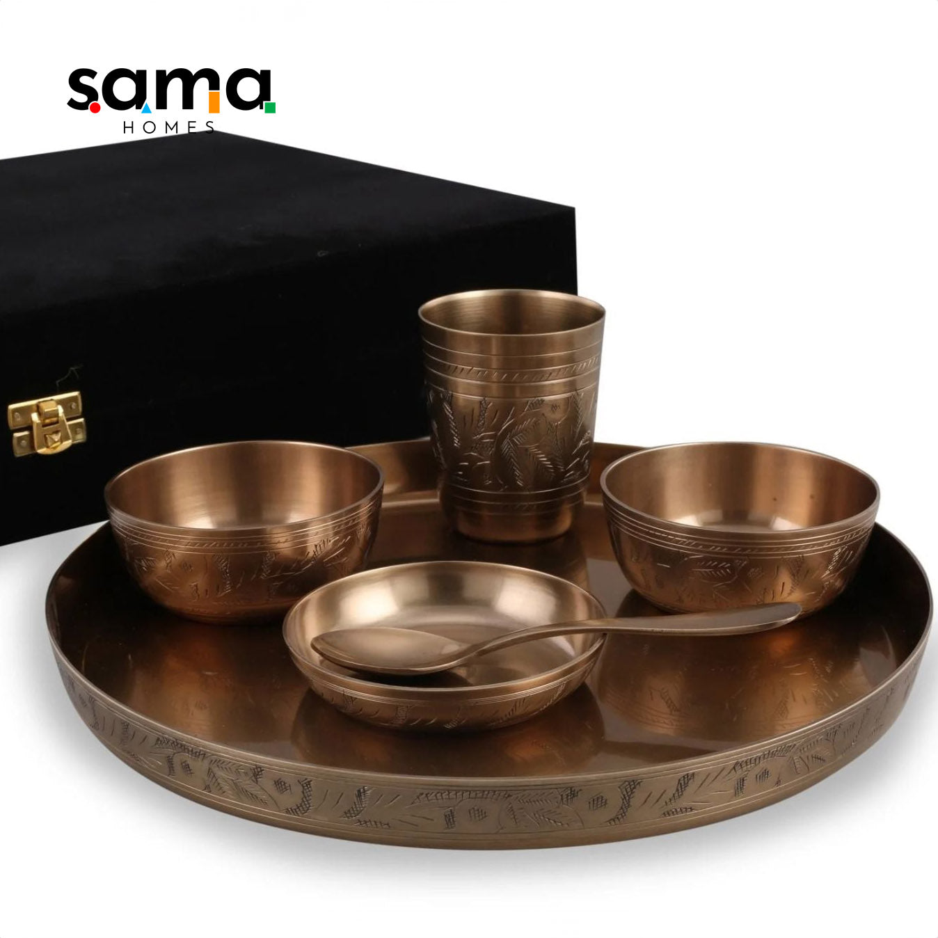 SAMA Homes - bronze kansa engraved dinner set with velvet box