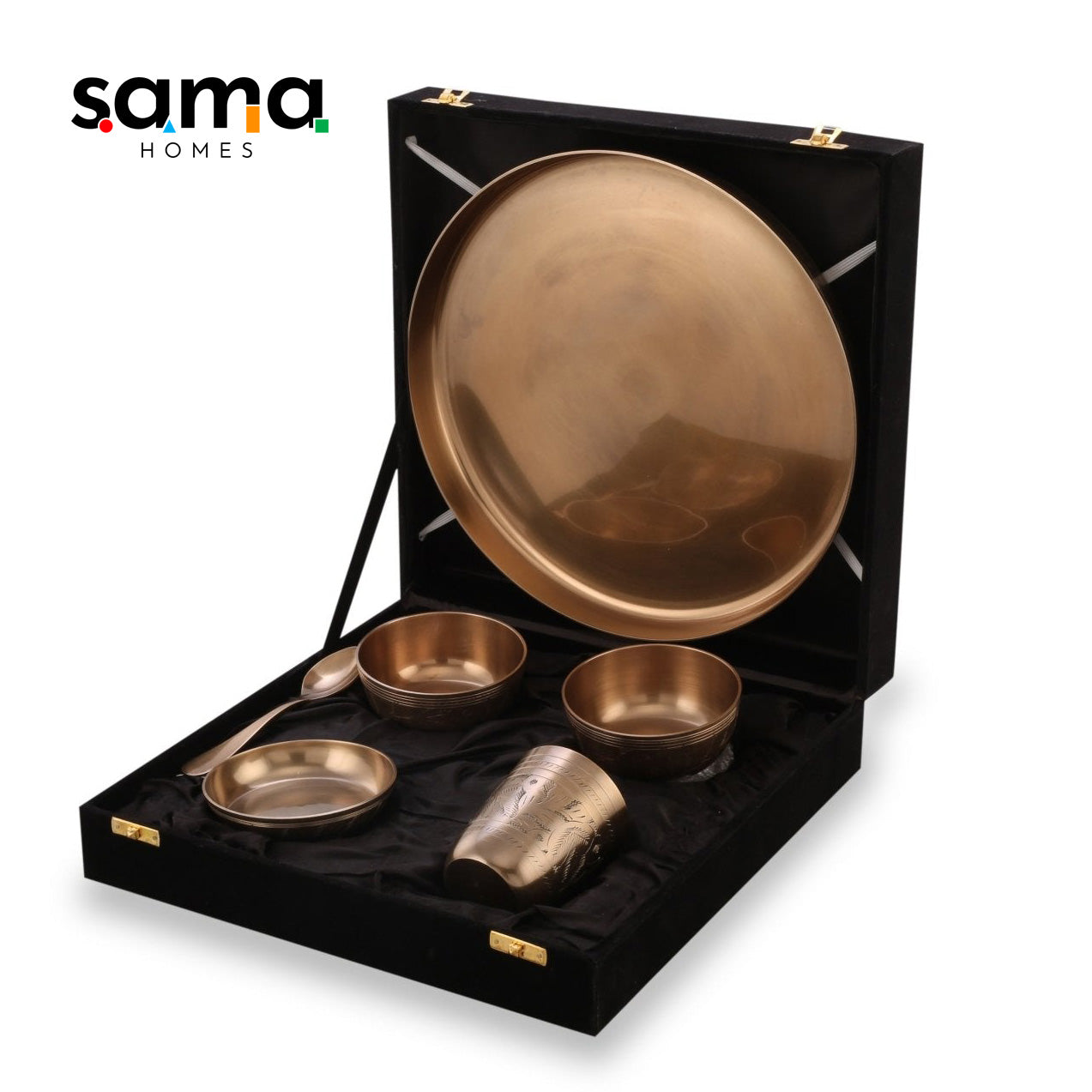SAMA Homes - bronze kansa engraved dinner set with velvet box