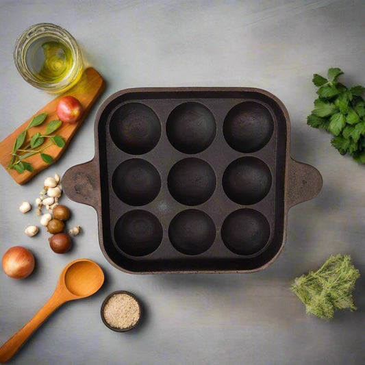 Cast Iron Square Paniyaram Pan – 9 Pits | Paniyarakal for Paddu