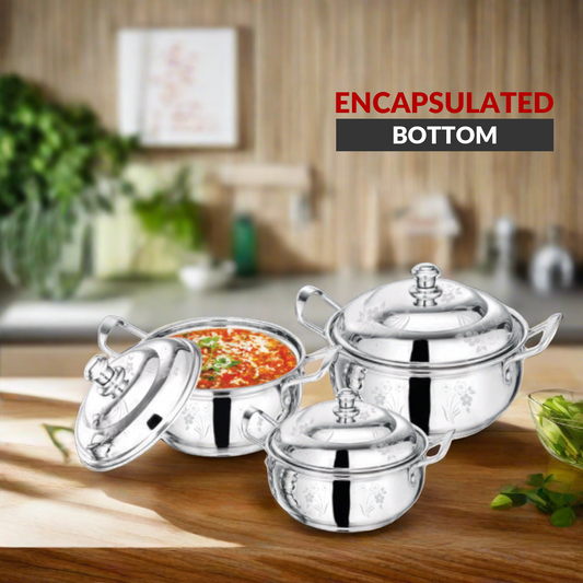 Stainless Steel Encapsulated Bottom Harmony Handi (Plain and Laser Design Available ) Set of 3 | Premium Cookware | SAMA Homes | Table Dish