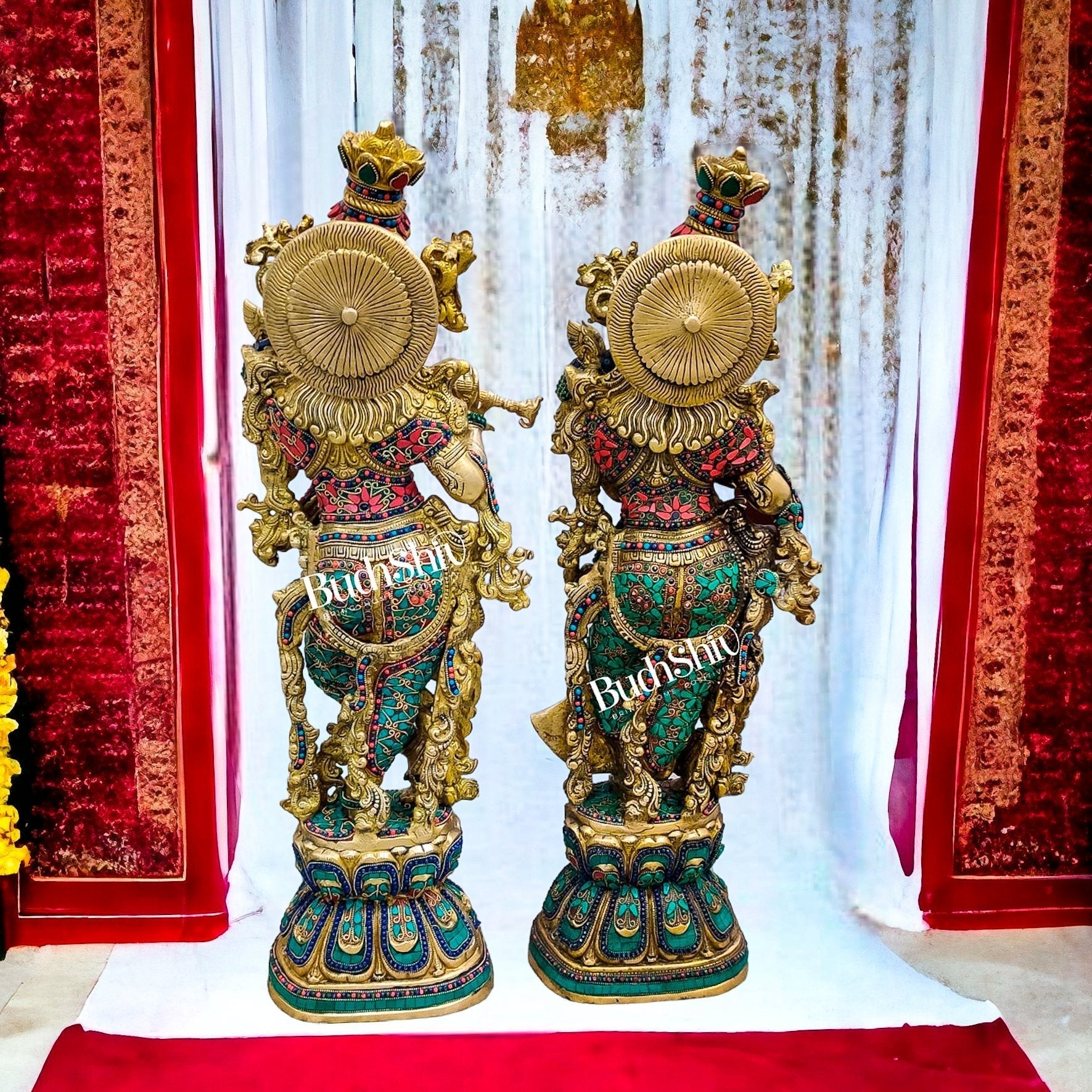 Sama Homes-radha krishna brass idols 29 inches height with three layered stonework
