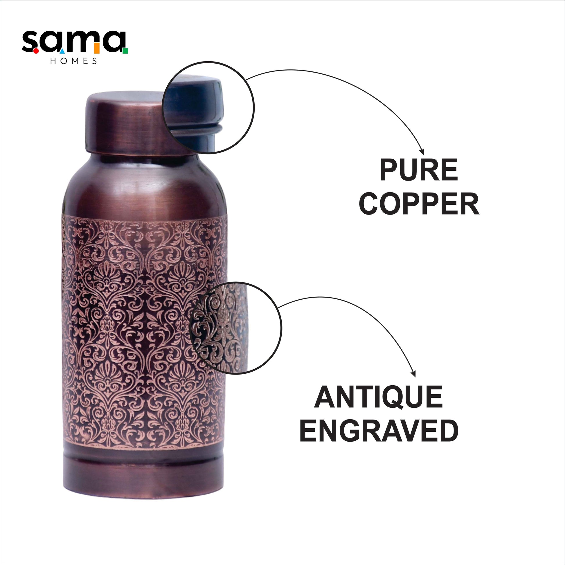 SAMA Homes - pure copper water bottle milton antique engraved design capacity small