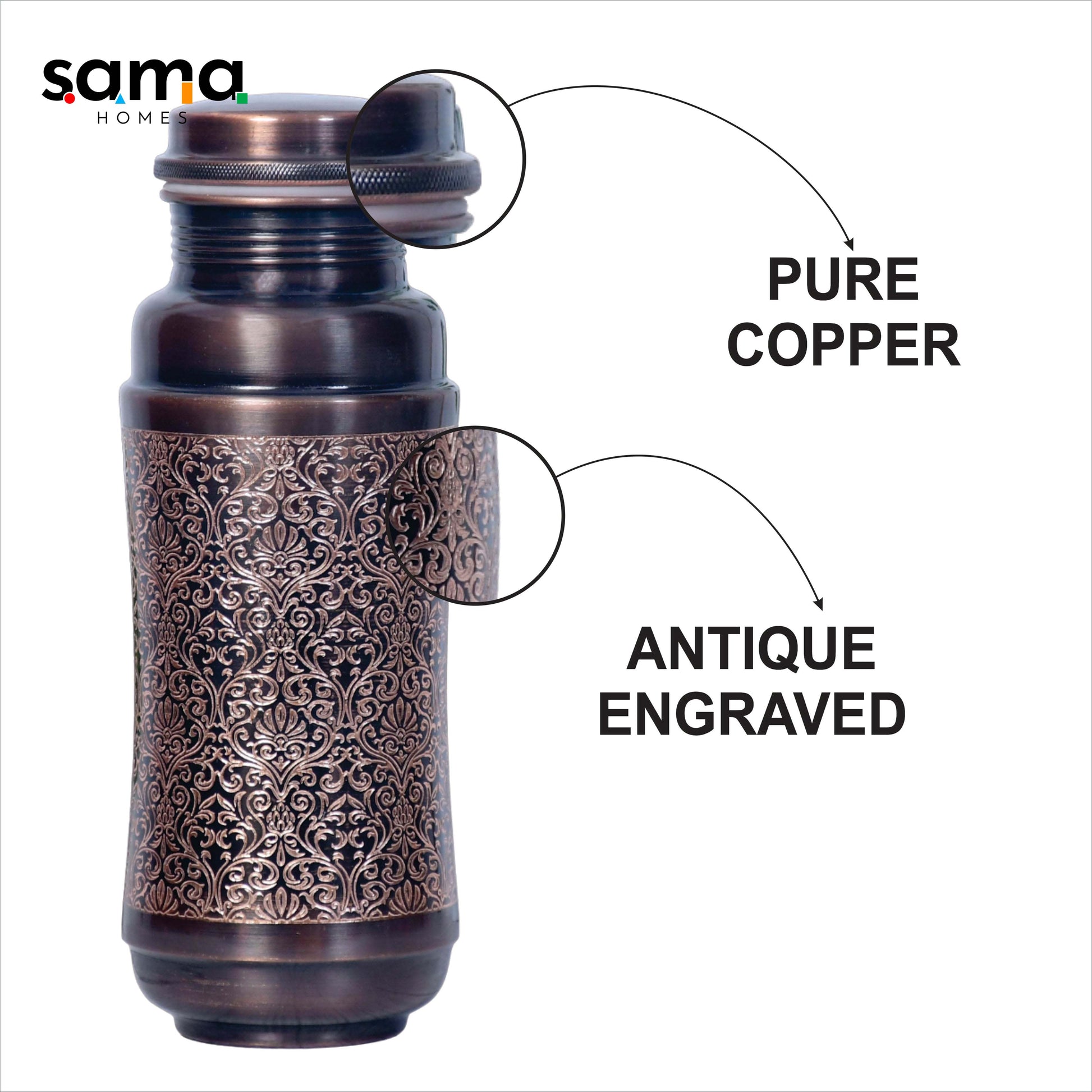 SAMA Homes - pure copper water bottle black antique engraving design capacity 1000ml