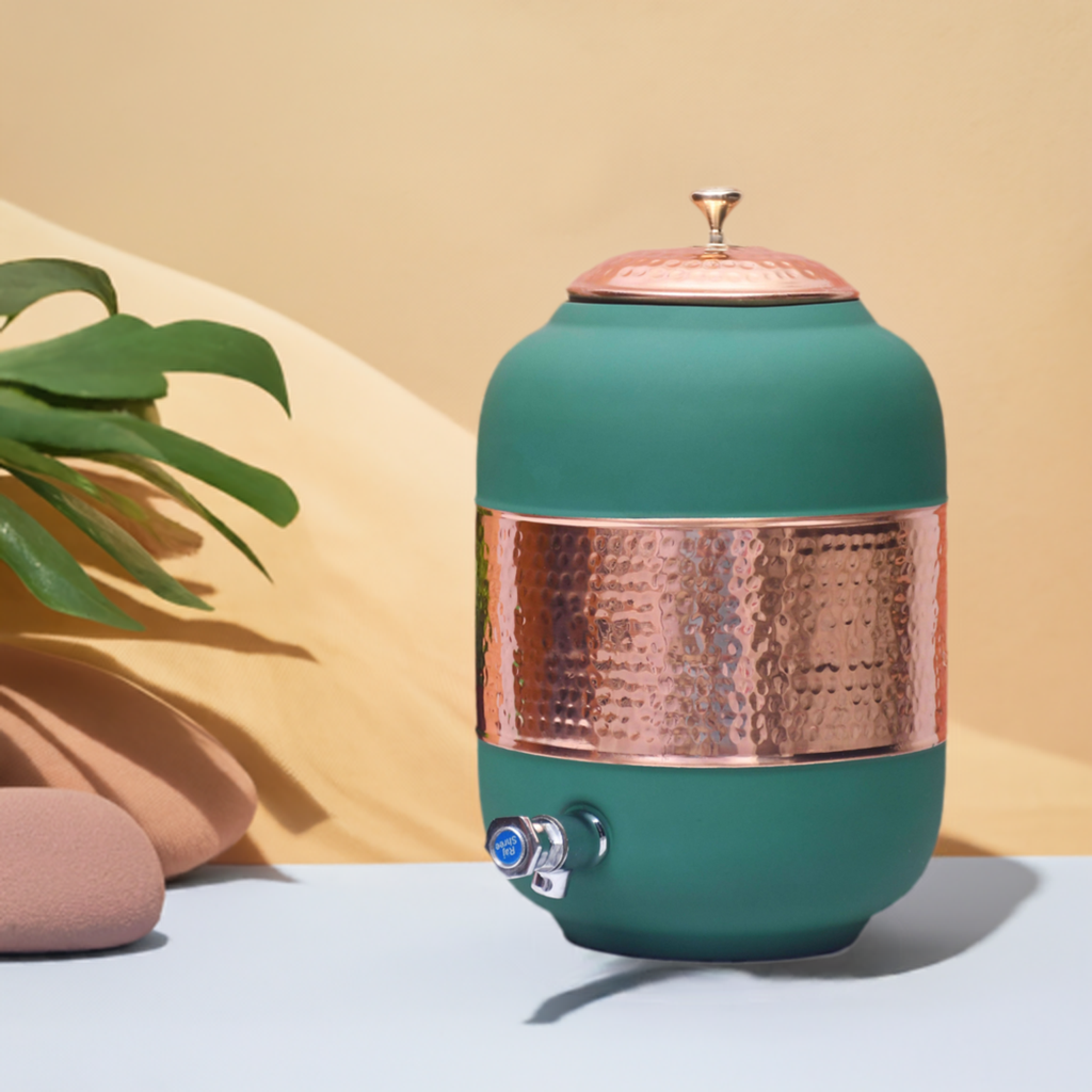 Pure Copper Silk Green Half Hammered Water Dispenser (Matka) Capacity 8000ML