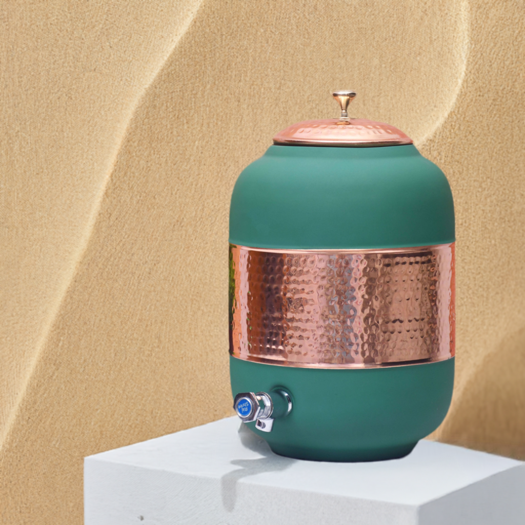 Pure Copper Silk Green Half Hammered Water Dispenser (Matka) Capacity 8000ML