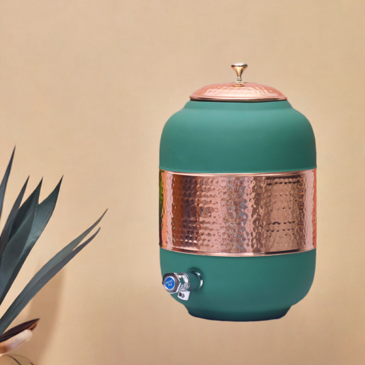 Pure Copper Silk Green Half Hammered Water Dispenser (Matka) Capacity 8000ML