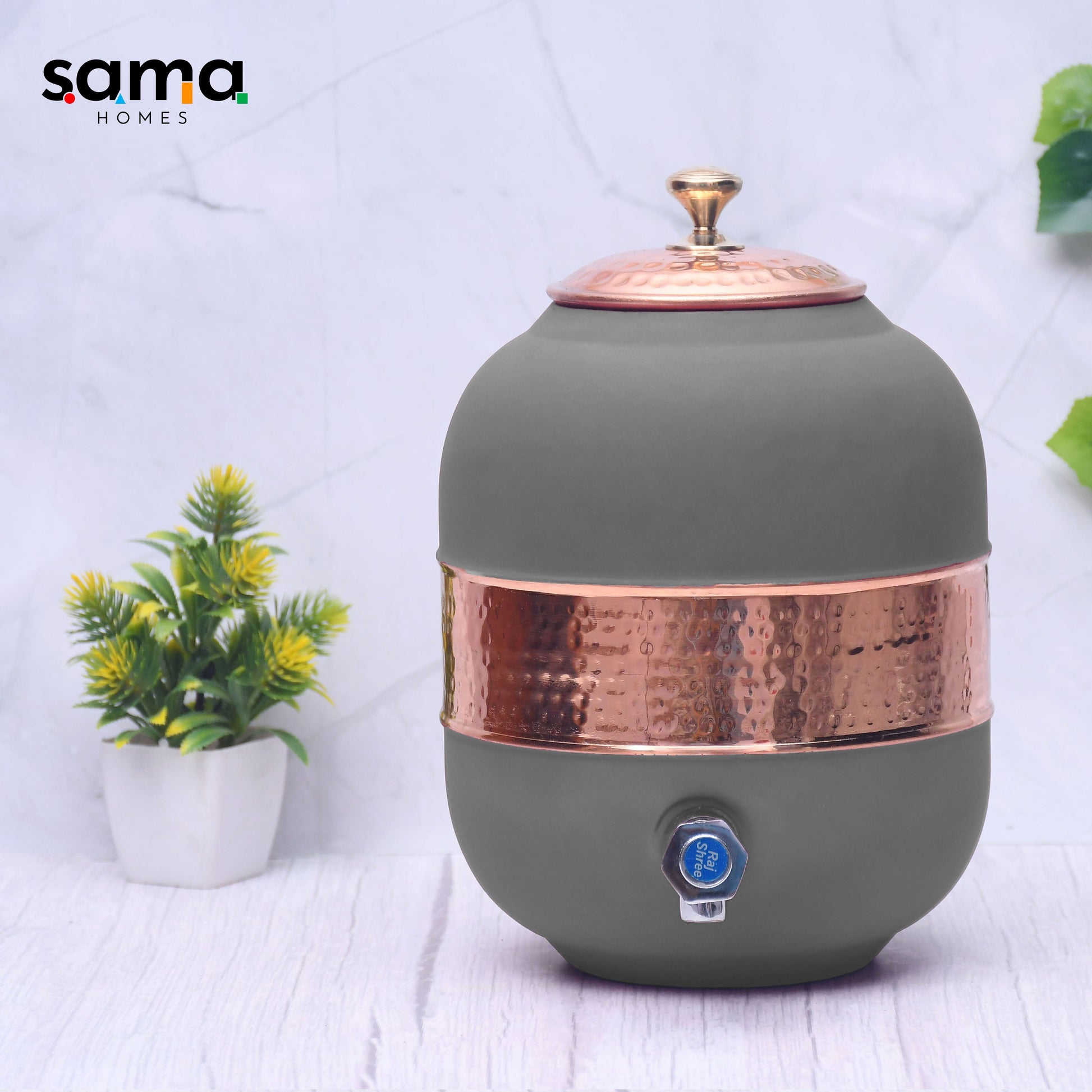 SAMA Homes - pure copper silk grey half hammered water dispenser matka capacity 5000ml