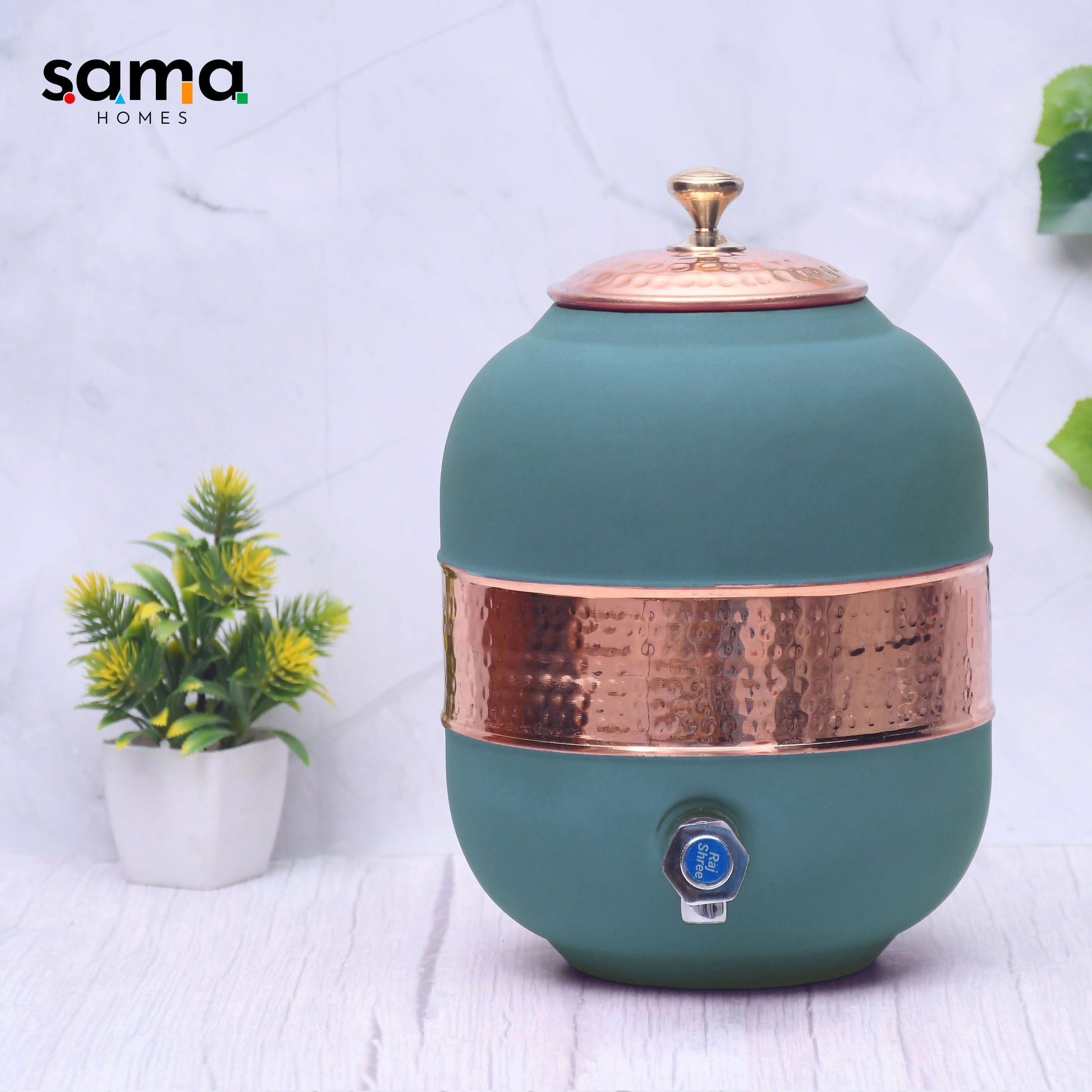 SAMA Homes - pure copper silk green half hammered water dispenser matka capacity 5000ml