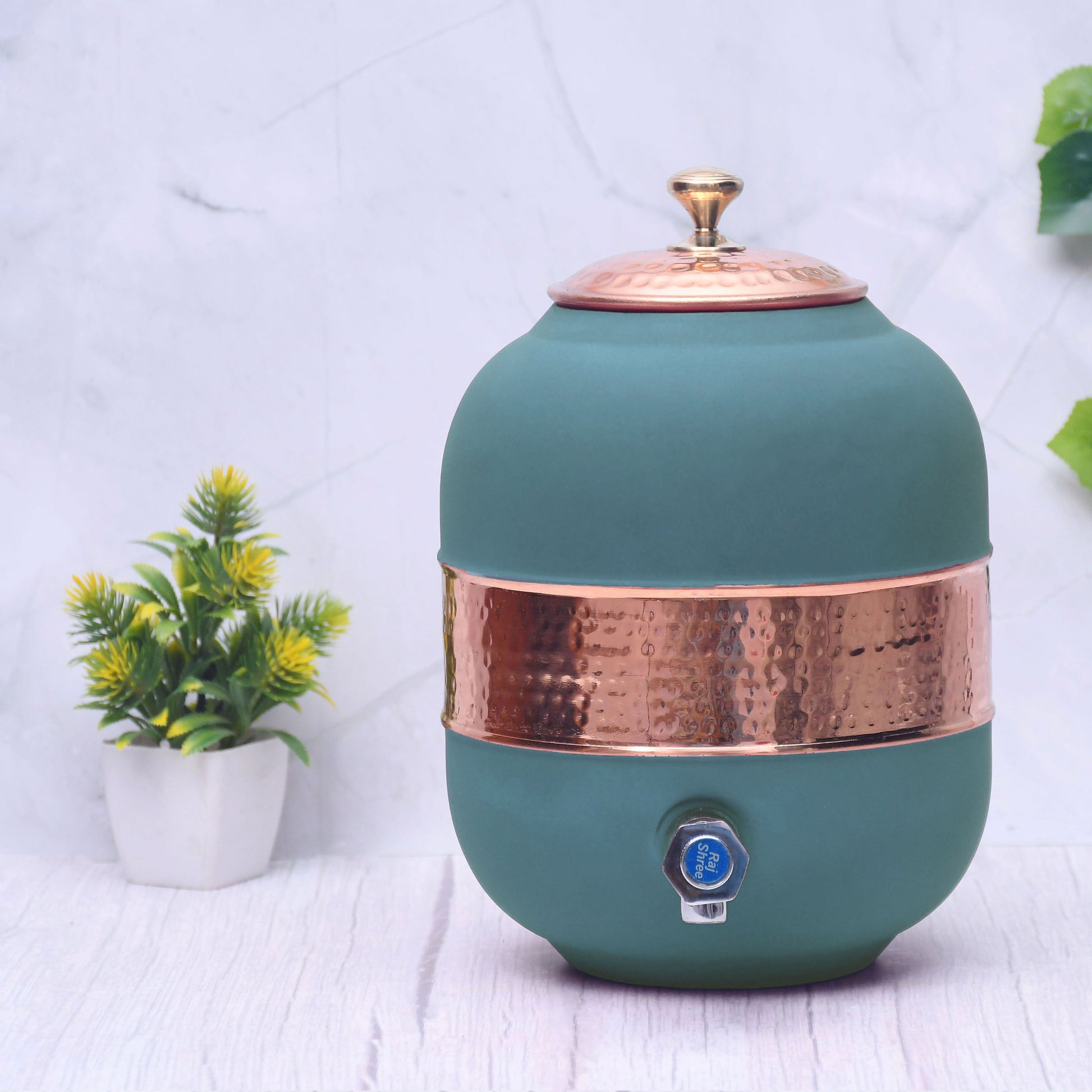 SAMA Homes - pure copper silk green half hammered water dispenser matka capacity 5000ml