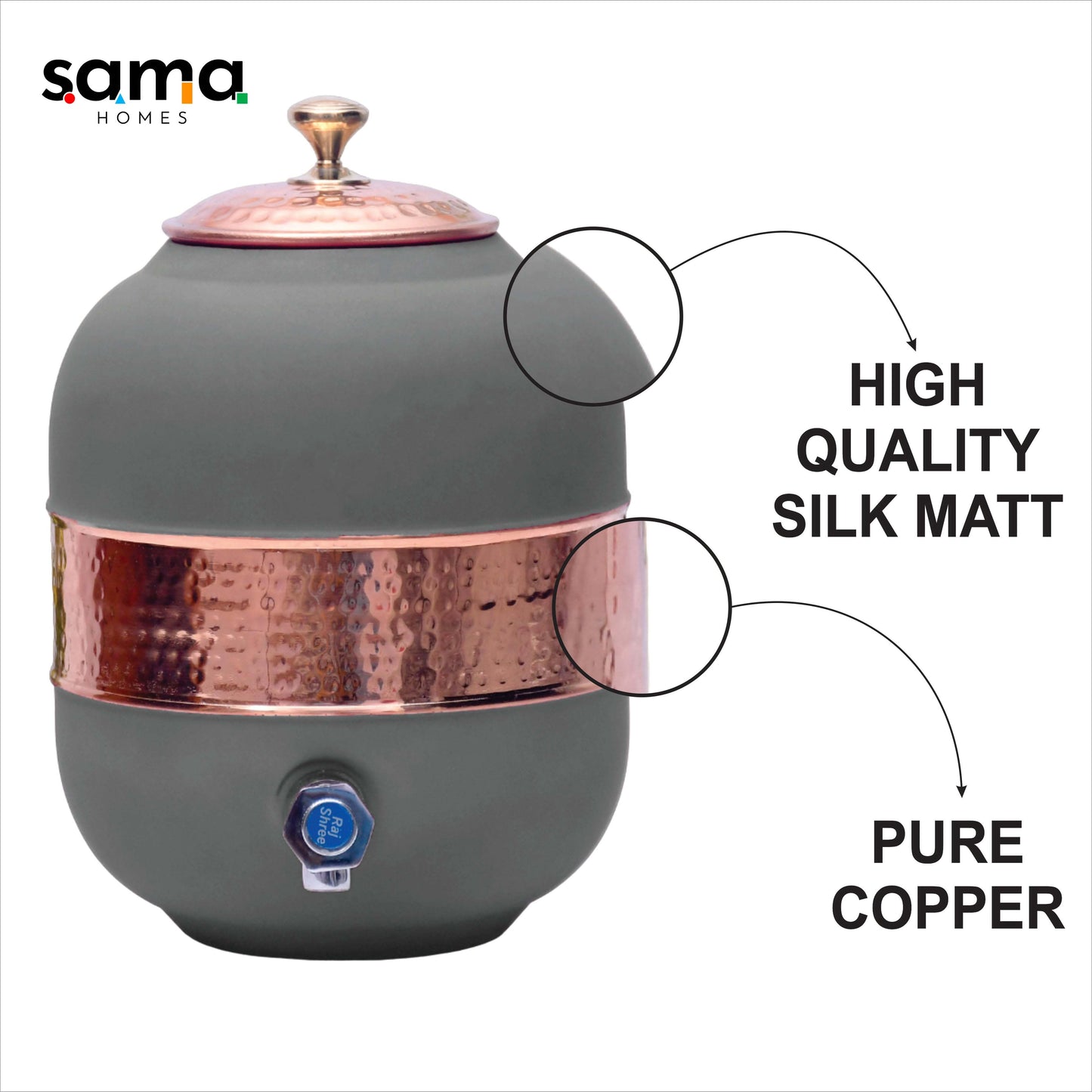 SAMA Homes - pure copper silk grey half hammered water dispenser matka capacity 8000ml