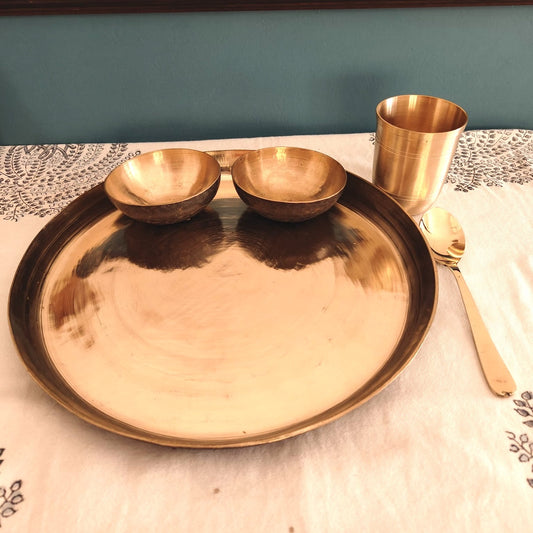 Kansa - Bronze Dinner Plate Set (Thali set: Plate, 2 katori, tumbler, 1 Spoon)