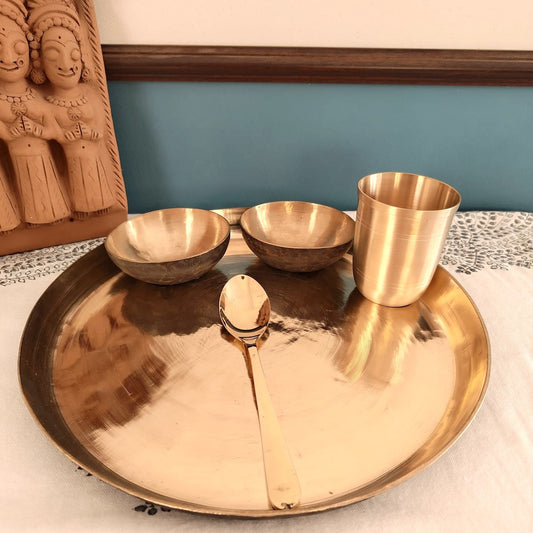 Kansa - Bronze Dinner Plate Set (Thali set: Plate, 2 katori, tumbler, 1 Spoon)
