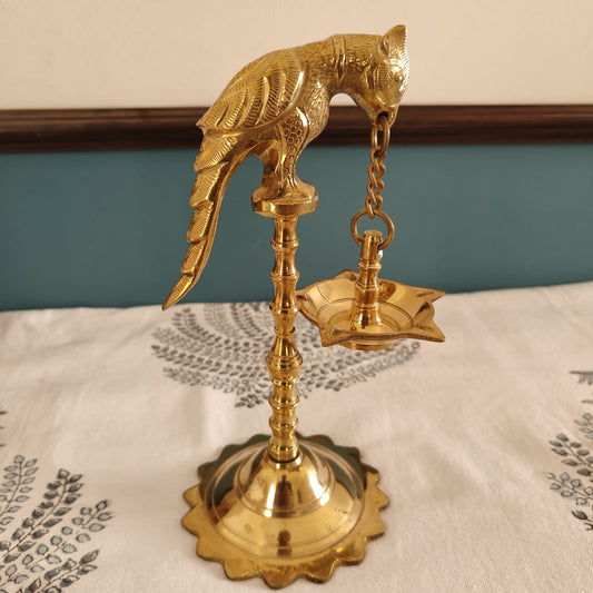 Traditional Brass Kuthu Vilakku: Hanging Parrot Lamp (Kili Vilakku, Single Piece)